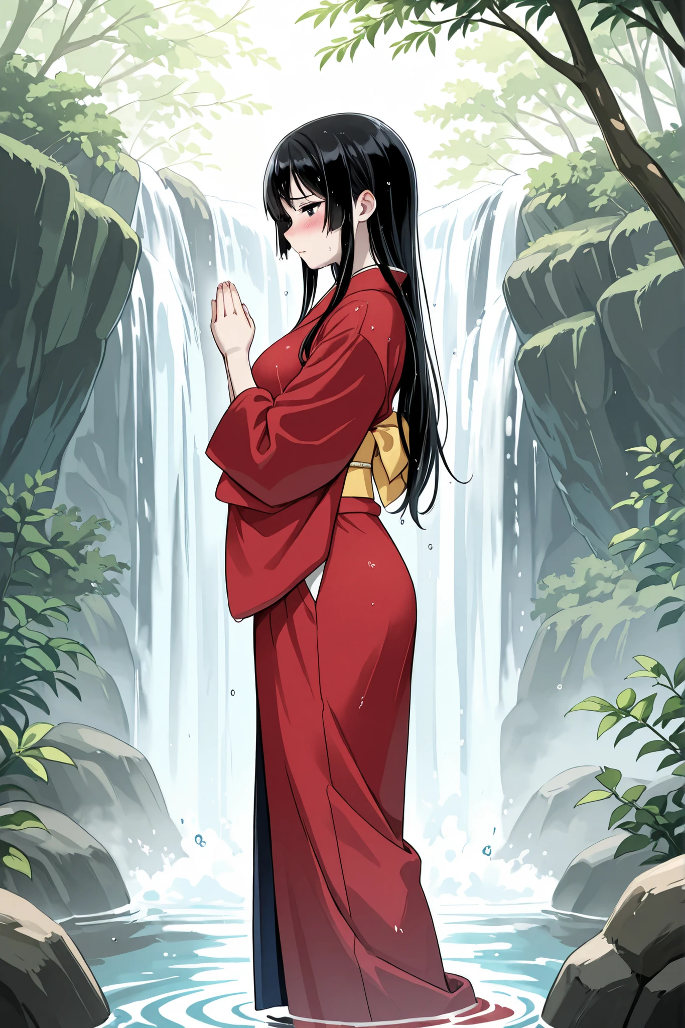 1 girl, solo,beautiful japanese girl,adult,18 years old,black eyes,black hair,masterpiece,general,highres, ultra-detailed,very aesthetic,best quality ,best hands,best eyes,perfect anatomy,anime coloring,easynegative,pale skin,long hair,white byakue,japanese clothes,in the waterfall,wet,whole body,full length,embarrassed,blush,shy,praying,from side,