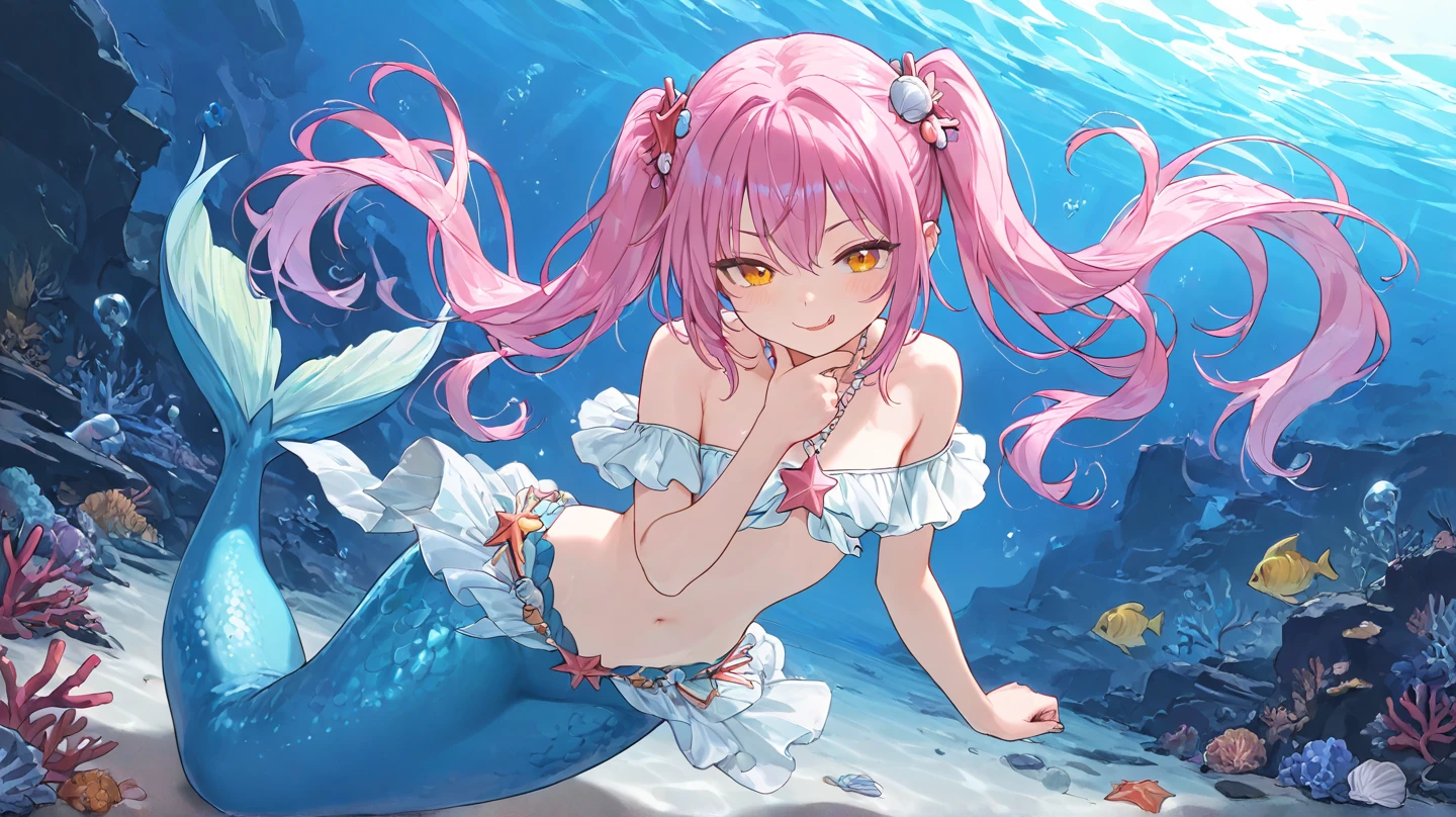 (8k, masutepiece, Best Quality, Official art, beautiful detailed, beautiful lighting, best masterpiece in history that exceeds limits), (1 Girl, solo), (sixteen years old), (beautiful detailed face), (wet shiny white skin), (Beautiful big bust:1.3), (thighs, navel), (beautiful detailed pink twin tails hair, bangs:1.3), (beautiful detailed drooping pink eyes:1.5), (Beautiful detailed cute white and pastel blue horizontal stripes micro bikini, side-tie_bikini_bottom, pastel blue ribbon:1.3), (happy smile:1.2), (dynamic angle, dynamic cut, Attractive, Look at the camera, cute pose), breathtaking scenery, (ultra detailed beautiful under the sea, tropical fish:1.2),