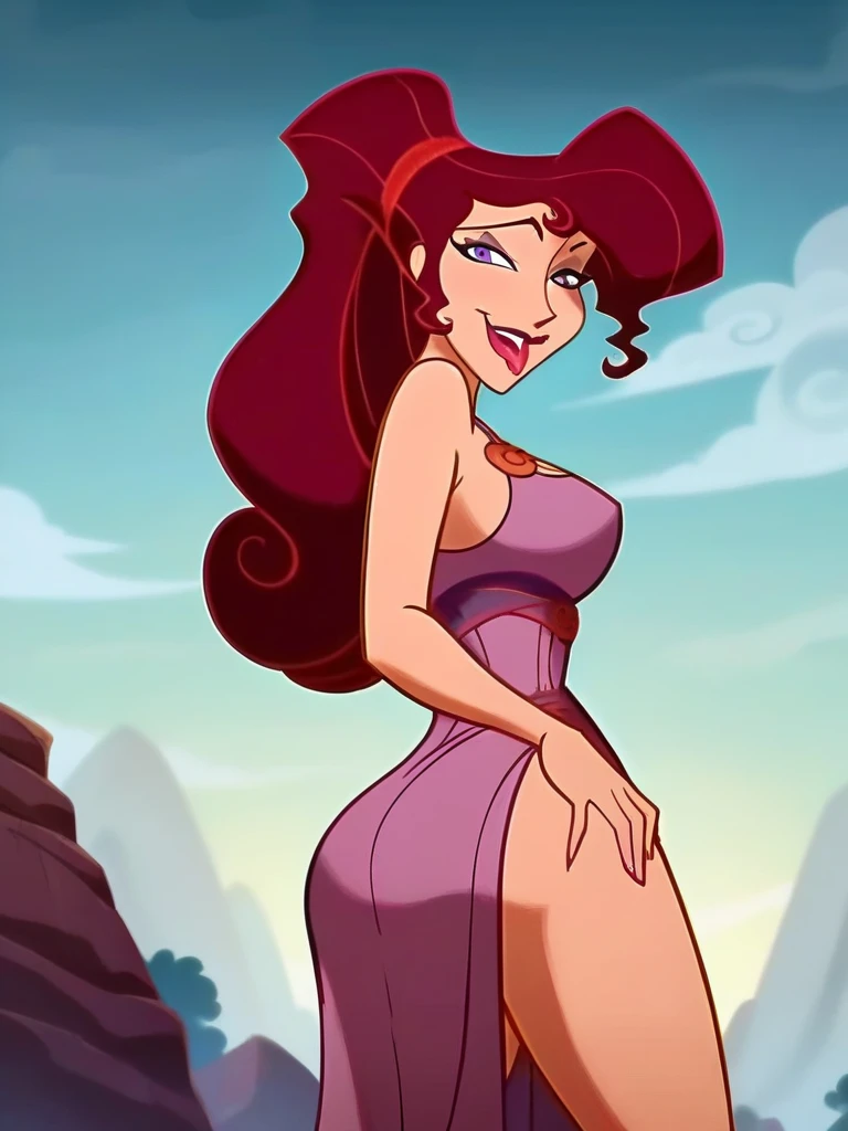 Megara ((nude)) (full figure) at a deserted rocky beach, smiling, fun (depth of field) ((highly detailed, beautiful detailed face, masterpiece, best quality)), Megera
