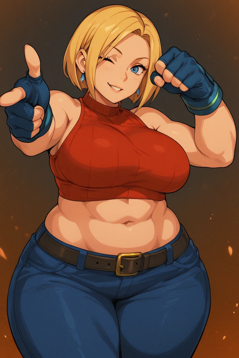 King_of_Fighters_Fatal_Fury_SNK_Blue_Mary_Ryan, big size ass_senos, En pie, solamente, Blue Mary_Camisa roja, cabello rubio corto, cabello amarillo, ojos azules, Obra maestra, La mejor calidad, Cara detallada, ojos detallados, Altas Resoluciones, They smile, feliz, Cerezos en flor, onsen, pecho gigante realista, Punto de vista, bikini azul, grandes pechos, sin censura, topples, pezones