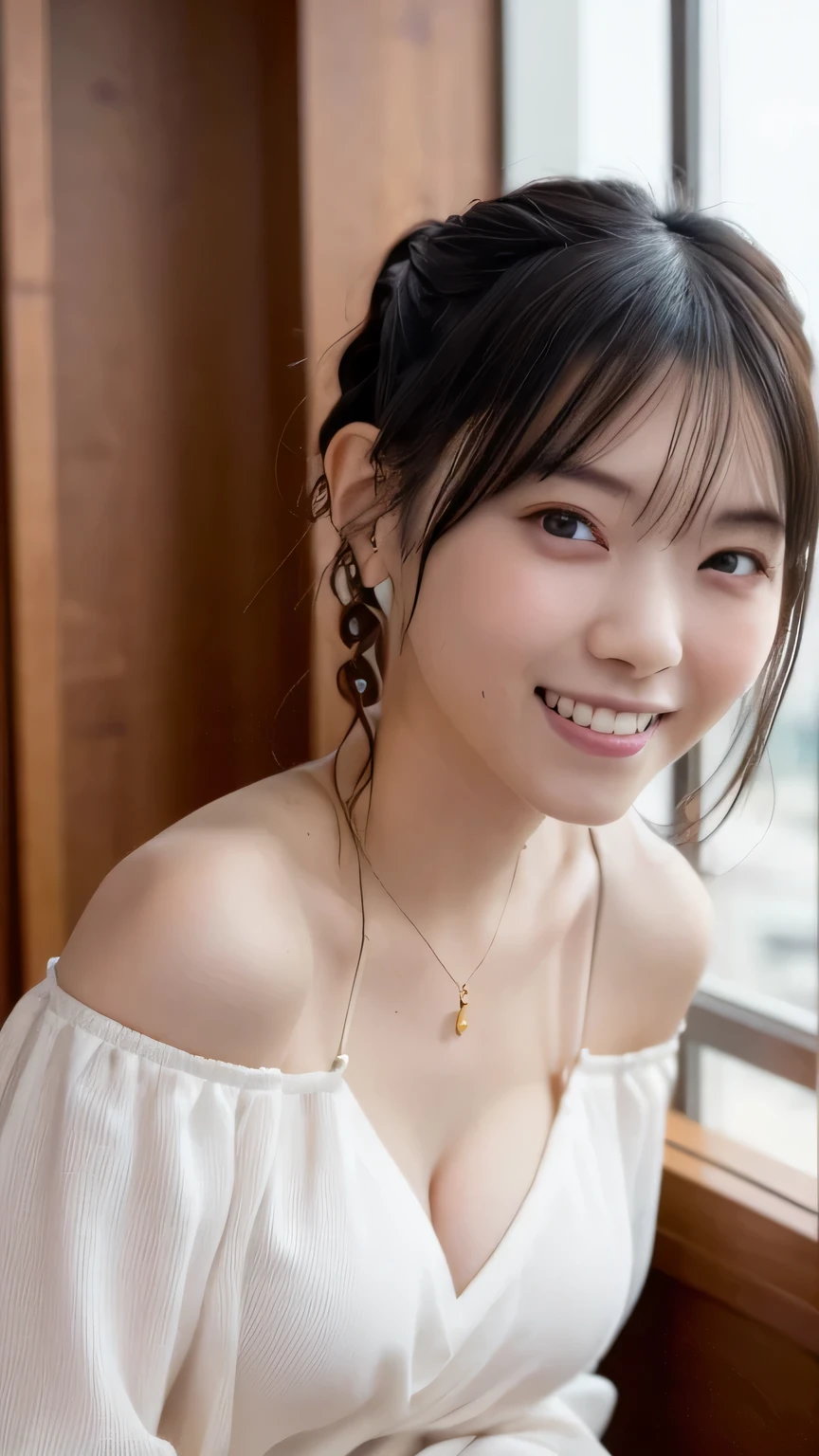 (highest quality, 4k, masterpiece :1.3),
sharp focus, shallow depth of field, Bright colors, professional level,
20-year-old, 1 person, (A half Japanese, half Brazilian woman), beautiful actress face,
Supple body :1.3, model body shape:1.5, perfect style:1.4,
narrow shoulders, beautiful clavicle, long and thin legs,
delicate body shape, The beauty of slim abs :1.2, thin waist :1.2,
super detailed skin, Fair skin, Shiny skin, super detailed face,
slim facial contour, beautiful small face, Beautiful lined nose,
super detailed eyes, long slit eyes, brown eyes, double eyelid, Beautiful thin eyebrows, fine long eyelashes,
super detailed lips, plump lips, glossy pink lips, flushed cheeks, beautiful teeth,
Beautiful actress's ennui makeup, pink lipstick,
dark brown hair, delicate soft hair,
(hair up, medium short hair, ponytail:1.2),
layer cut, (dull bangs:1.2),
(stylish looking earrings,necklace,bracelet,shiny nail art:1.2),
gentle smile, open mouth half way, Enchanted expression, stare at the camera,
(((photorealism,Shoot the whole body from the thighs:1.5))), ((The body is facing sideways)),
dynamic lighting,
(Dressed up in a yellow winter sweater with polka dots:1.5),
((She is posing naked and sexy with beautiful posture.:1.2)),
The areola of the breast is beautiful:1.2,
I'm touching my butt with my hand:1.2,
(perfect breast shape, flat chest:1.2),
It is a small pale pink areola.,
(She has a cute plump butt, My thighs are dazzling),
A face that feels good during sex,
(Large queen-size bed in a luxury hotel, The ocean horizon spreads out behind the large windows),
(wet in the rain, wet in the rain, wet body :1.4),