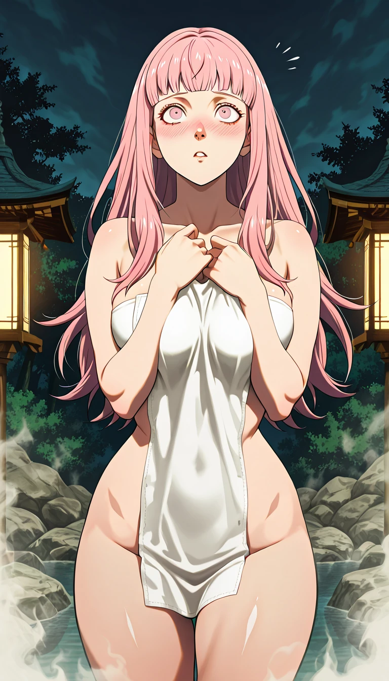 1 girl, pink hair, long hair, pink eyes, smile, sexy body, big breast, HDR, 8K, stand in the center of image looking at you, in the city at night wearing a sexy yukata