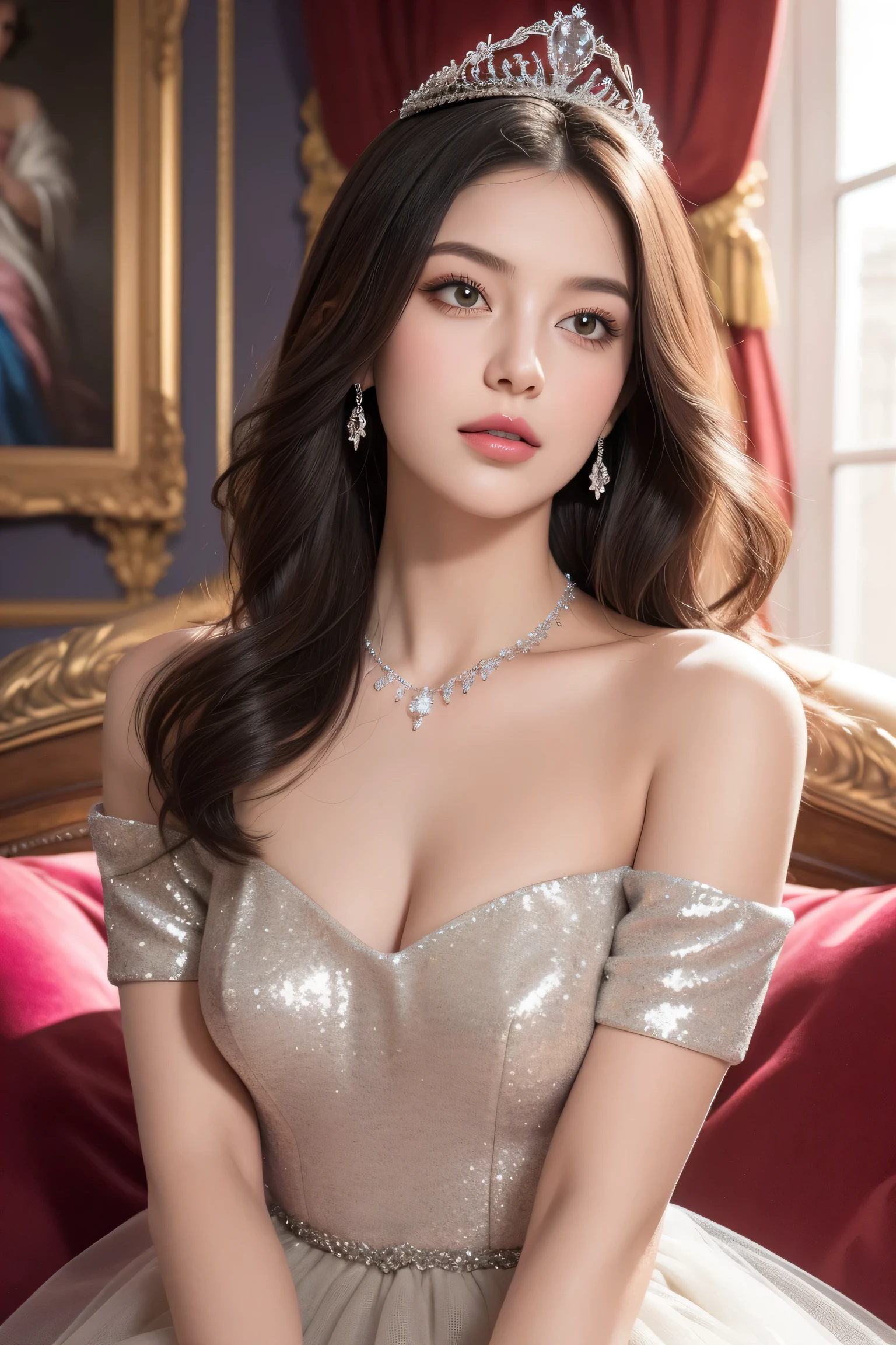 (Best quality at best, 4K, 8K, A high resolution, tmasterpiece:2), ultra - detailed, (actual, realistic, Photorealistic:2), (masterpiece, best quality, High detail, Best image quality, super detailed, high resolution, Very detailed, Best quality, Extreme detail description, hyperdetailed painting), An extremely delicate and beautiful work, Beautiful detailed girl, ((standing)), hazy beauty, very detailed facial, delicate face, adorable, detailed skin structure, fair skin, perfect anatomy, ((perfect body)), Beautiful detailed whole body, exquisite body, lovely lips, Behind the softness, ((slim waist)), (big breasts), ((cleavage)), big breasts beautiful, big breasts enchanting, (Beautiful detailed eyes, soulful eyes, realistic eyes, beautiful and clear eyes:1.1), (close eyes:1), shiny color hair, ((bouffant curled long hair)), ((smile:0.8)), ((Enchanted expression:1.1)), (seductive look:1.1), (Enchanted pose:1.1), ((An extremely detailed and delicate thin long dress), see-through dress, head gear, highly detailed, delicate necklace, Delicate earring, ((view over field, flower)), (dark scene), physically-based rendering, ((the body from the thighs up)), (looking at viewer)