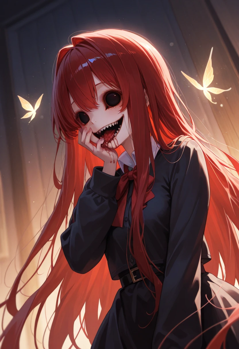 (masterpiece:1.2, Highest quality), (Actual Photos, Intricate details), (1 female, alone, Upper Body, Small breasts) ，Black pointed hat、Shaman、Eyes Wide Open、scared雰囲気、Distorted facial expressions、Twisted smile、Scratching your face、bleeding from the face,、Blood splatter、Blood splatter、whole body、Punk Fashion、Twin tails、Long Hair、I have very long bangs、Black Hair、（（（Dark circles under the eyes）））、Pale skin、Feeling unwell、Pathological、Wicked Smile、Crazy Eyes、（Grin）White Background((Yandere, Yandere simulator, There is blood on the face, Bloody clothes, scared, Dark Theme)), (Long Hair, Red eyes, Bright Eyes, Evil Face, Wicked Smile,  Browsing Caution), Light coming from below, Shadowed face