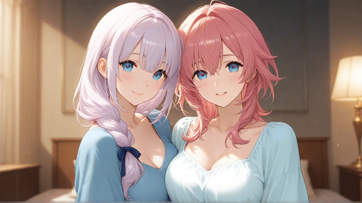 ((Highest quality)), ((masterpiece)), (detailed), （Perfect Face）、The woman is Lacus Clyne, who is married to a Chinese man, and is an ordinary Chinese woman with blue eyes, pink, medium-long hair, and an engagement ring.