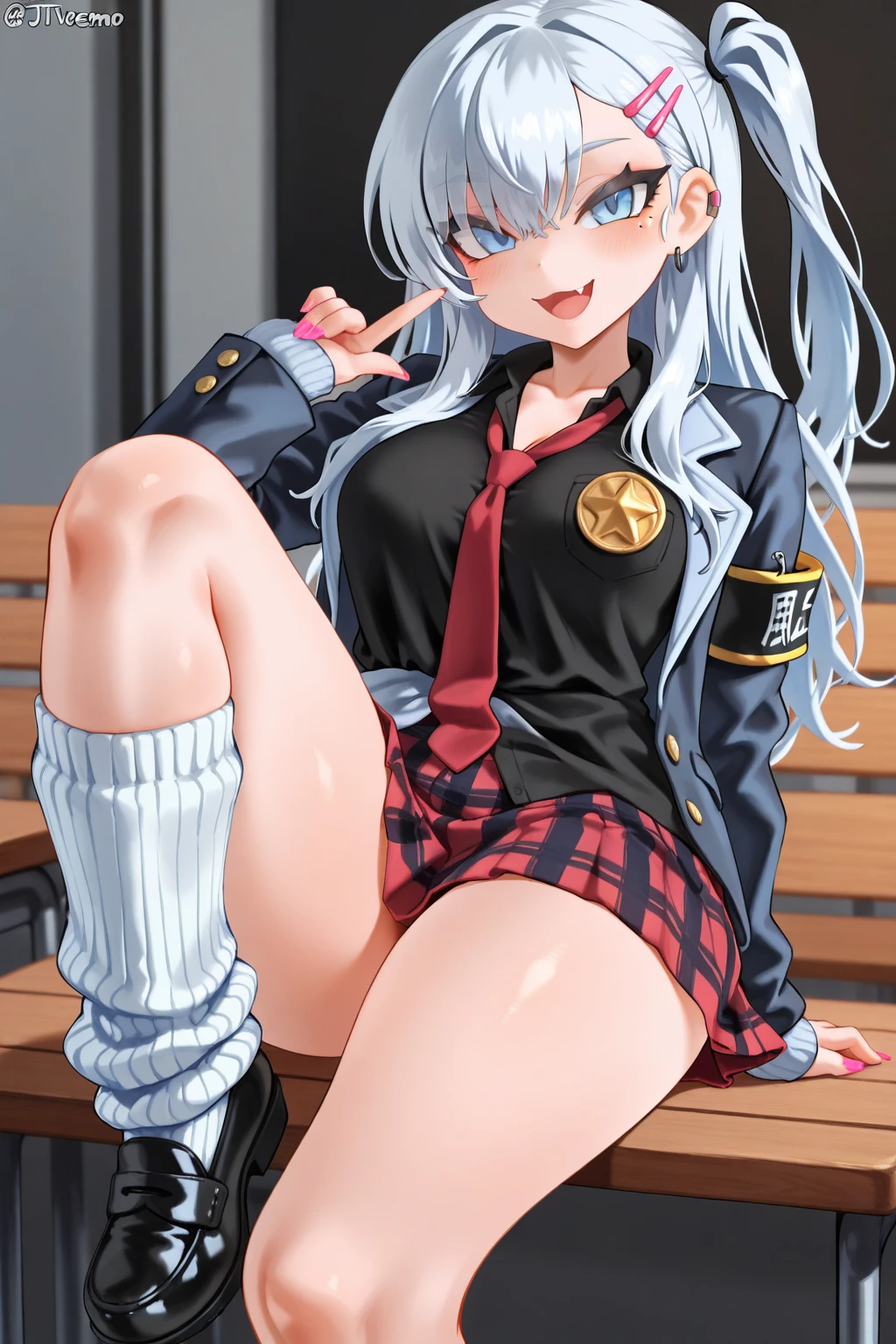 highest quality、masterpiece、1 girl、(blush:1.5)、(smile:1.5)、((fun!!))、cute、(silver hair)、dog ears、high school girl、((classroom:1.5))、()、、Kamimei、look at me、(No panties:1.3)、((shaved pussy:1.5)), ((red bow tie, , black jacket, open jacket, white cardigan, white shirt, black skirt, plaid skirt、black socks))、 (No panties:1.3)、((shaved pussy:1.5))、(highly detailed closed labia:1.5)、light blue eyes、long hair