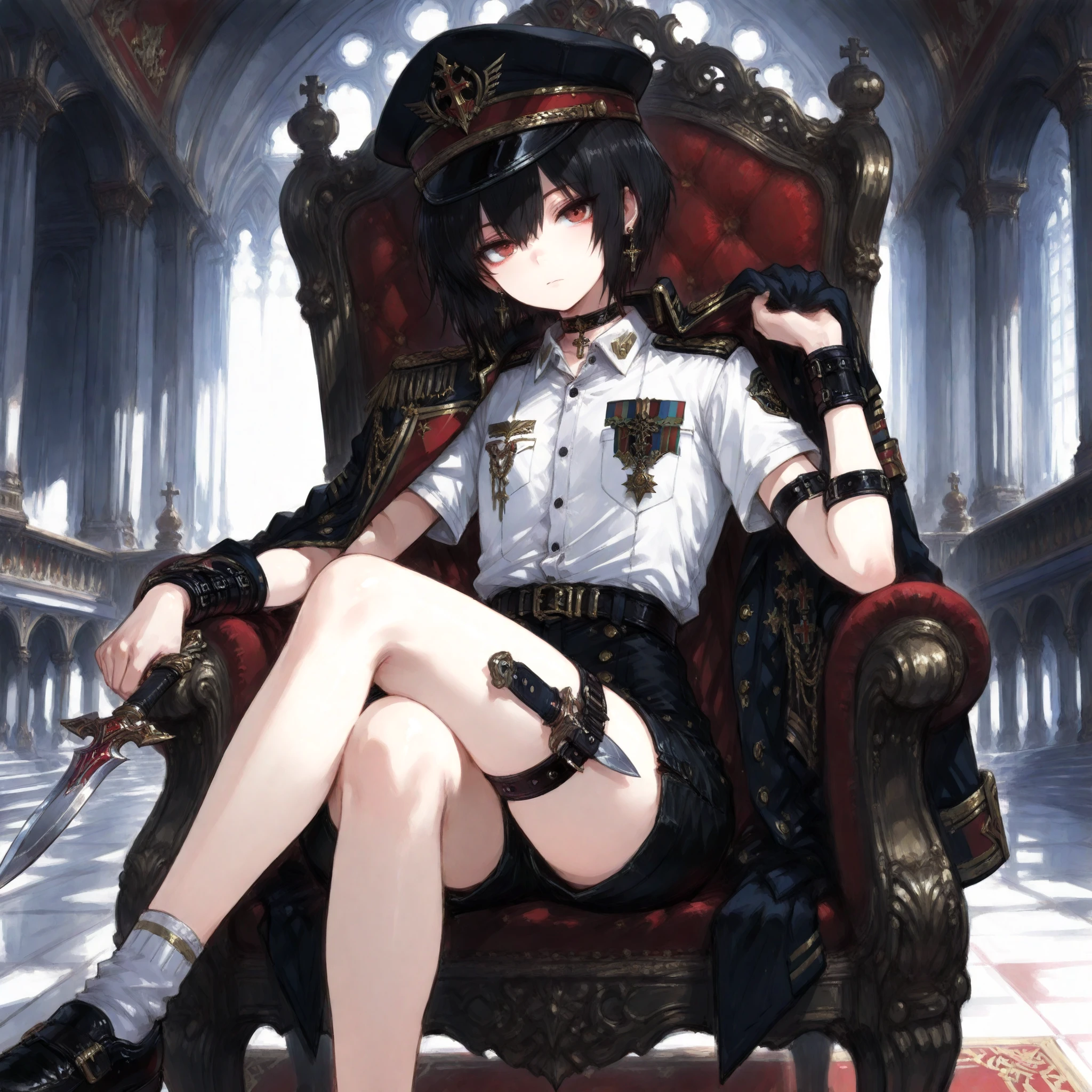 ((Best Quality)), ((masterpieces)), (detailed), Perfect Face, SOLO, ((femboy)), tomgirl, ANIME, beautiful detailed eyes, BOB hair, BOBed hair, black hair, RED EYES, BARE thighs, (((BARE LEG))), ((BLACK short pants)), (((dress shirt))), ((Flat chest)), Choker, (knife thigh strap), (General's Uniform), uniform hat, ((general uniform top)), arm straps, ((black general's uniform top draped over the shoulders)), expressionless, tight short black shorts, ((Holding dagger)), earring, Royal palace, GREAT HALL, red throne, cross legs, Black shoes and white socks, (buckle), ((Tuck in the shirt)), ((uniform outerwear)), short sleeves, wrist guard, Magical Dagger