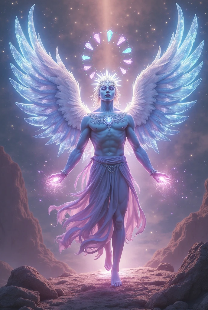 Male violet flame angel with open wings
