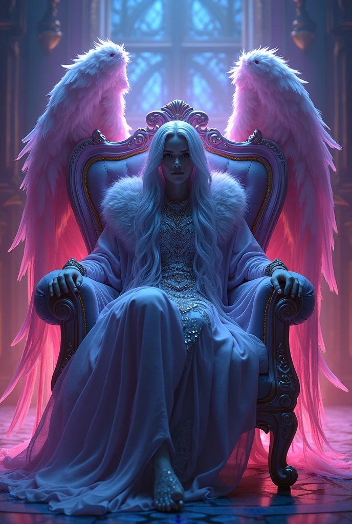 Create a dynamic and powerful scene featuring a dominant female character seated on a throne in the center. She has long, flowing blonde hair with pink tips, and wears a revealing, dark outfit that contrasts with her pale skin. Her outfit includes a white robe draped over her shoulders, and high-heeled boots. The character’s expression is confident and authoritative as she crosses her legs. Surrounding her are large, menacing black wings with streaks of purple and blue flames. Behind her, an intricate throne is adorned with glowing golden and blue energy, adding to the divine and majestic atmosphere. In the background, abstract and futuristic structures rise, adding a sense of grandeur and otherworldliness. The color palette should emphasize dark tones, with vibrant accents of pink, blue, and gold.