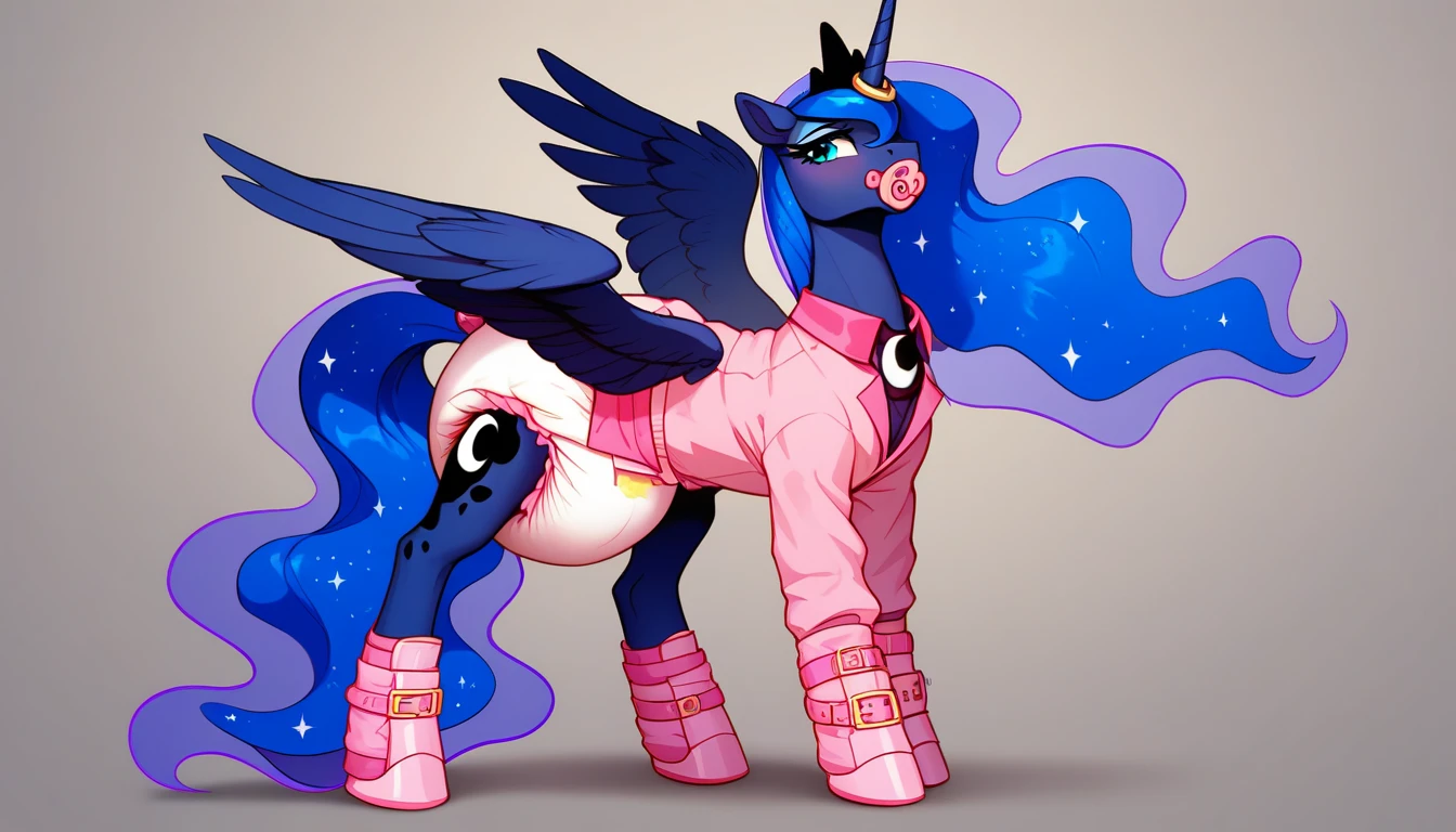 score_9,score_8_up,score_7_up,score_6_up, ((my little pony)), radiant lighting, vibrant colors, whimsical atmosphere, 8K, high resolution, highly detailed, masterpiece, princess Luna, stockings, dress, showing the butt, dripping pussy, grave cutie mark, ((hello kitty panties)), big butt