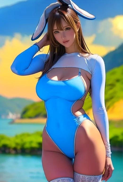 Miss you girl, Realistic, physically-based rendering, 1girl, Female model chinese, ssmile, (oval glasses), ulzzang, (huge fake breasts:1.2), (standing puff out your chest on rooftop), blue clear sky, morning, (portrait), muscular body, slender, (big buttocks), (expose muscle abs:1.2), (Full body:1.3), (skintight micro bikini:1.5), (Open baseball jacket:1.5).