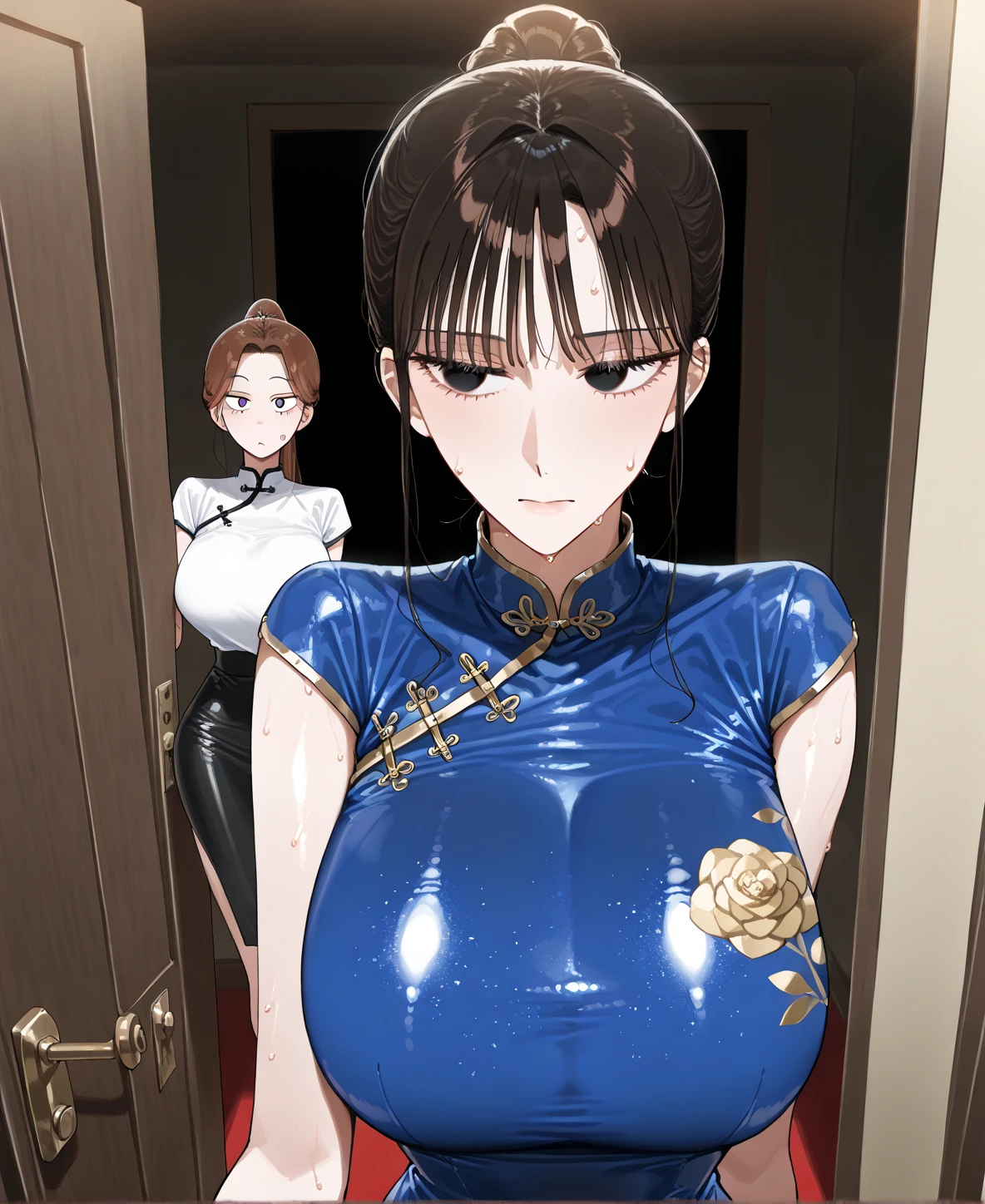 ((medium long shot)), (One ultimate beautiful mature woman), ( 1 women,1 boy), ((mom and son, son holding mom hand:1.4)), very detailed顔, detailed lips, sensual lips, detailed eye, double eyelid, chignon, , ((naked, exposed pussy:1.4))), big and full breasts,big  , gigantic breast, (thighs thighs thighs),  Exactly, perfect body, perfect face, Depth of the bounds written, perfect image realism, 、Detailed With background, detailed costume, perfect thing、hyper realism、photoreal、8K maximum resolution, (masterpiece), very detailed, Professional, ((feel shy, embarrased, nervous:1.4)), ((in the crowded train:1.4)), (( ,black stokings, slim thigh, long  leggs, :1.4)), ((exposed big , hard nipples, exposed pussy, exposed vaginas:1.4)), ((see through cheongsam, chignon:1.4))
