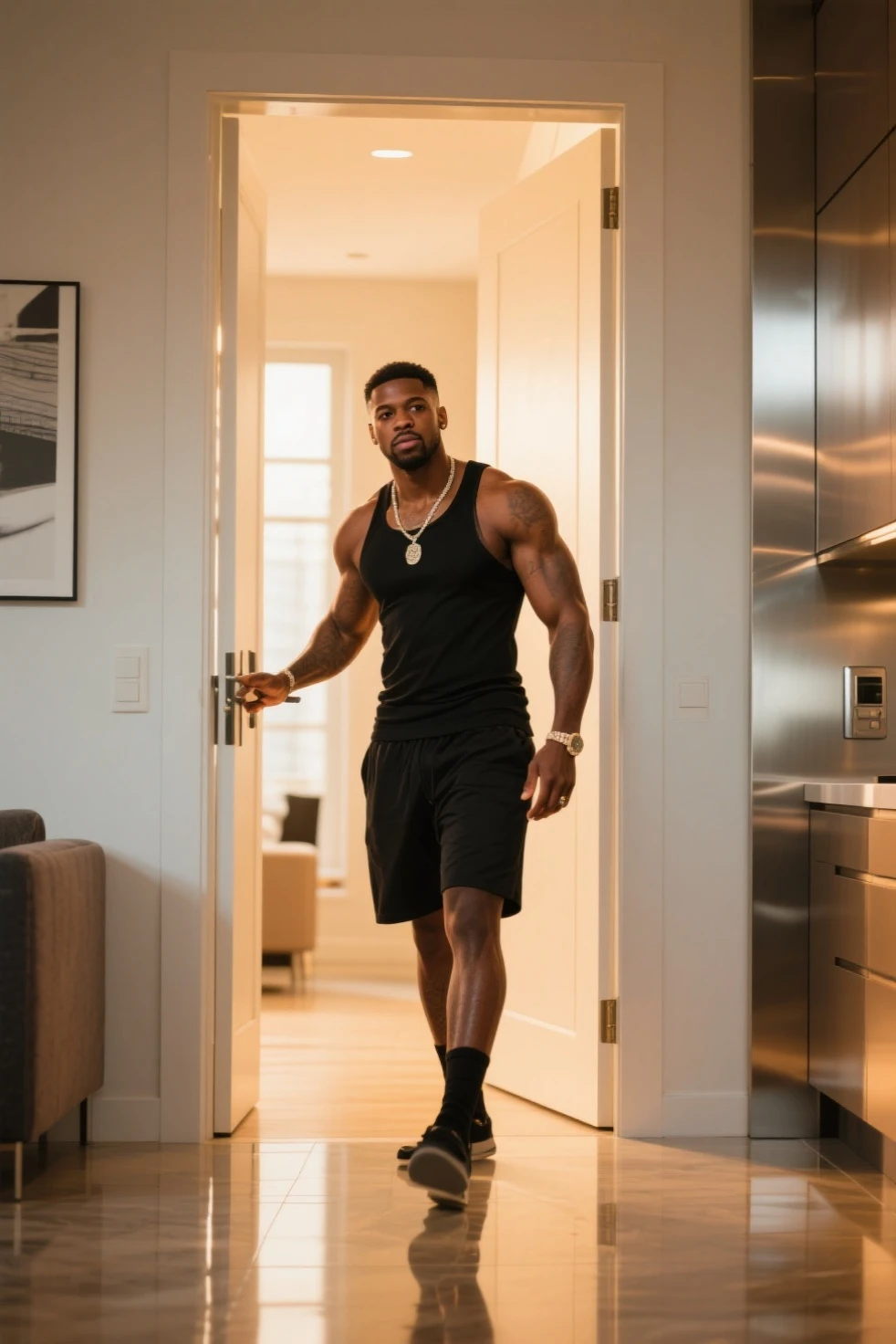 A dark-skinned man coming home from training in sportswear opens the door to his house to enter it. The image is captured from a table where there is a photo diary