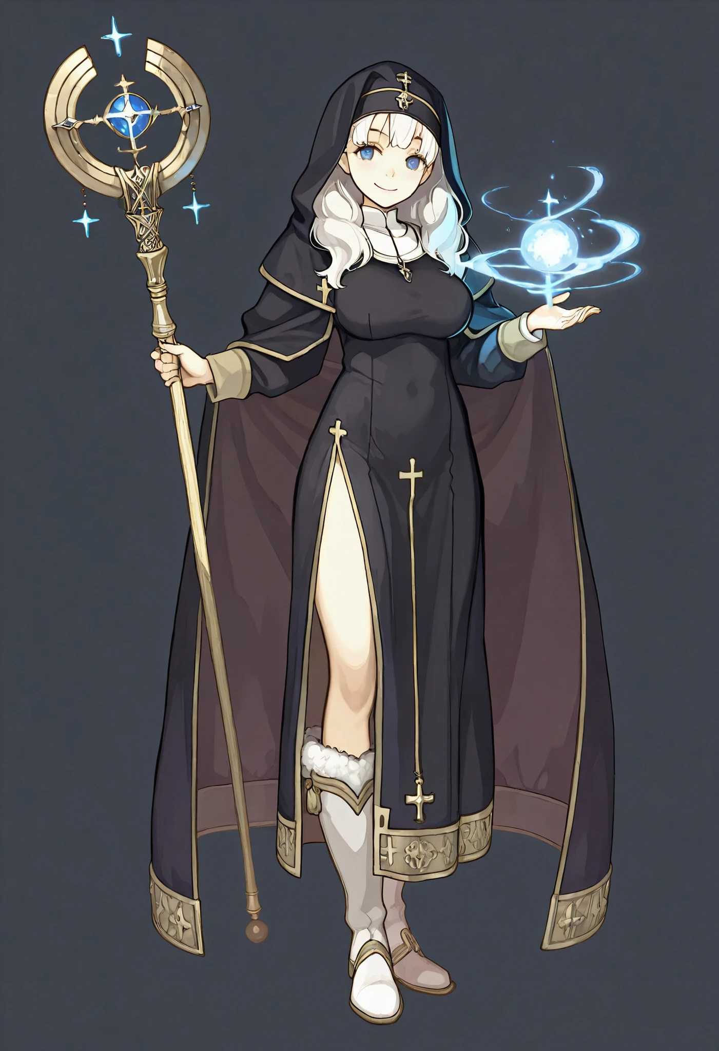 anime art, masterpiece, best quality, girl, woman, highres, 1girl, casual pose, smiling, holy woman, masterpiece, best quality, amazing quality, very detailed, high details, very detailed skin, high resolution, priestess, cleric, fantasy art, nun girl, fluffy, female, average breasts, white hair, white fur, pale body, cloth trims, unarmed, thicc, heavy boots, blue eyes, Enchanting Eyes, simple background, black robes, heavy robes, priest, dark robes, magic stave, healing, holy staff, standing straight, confident pose, nun, cleric, smiling, hooded, human, solo, holy mage, mage, skirt, very thick, very thicc, humanoid, holy appearance, holy, holy symbols, fluffy clothes, fluffy boots, full body art, entirely in image, FE-Sh4d0ws,