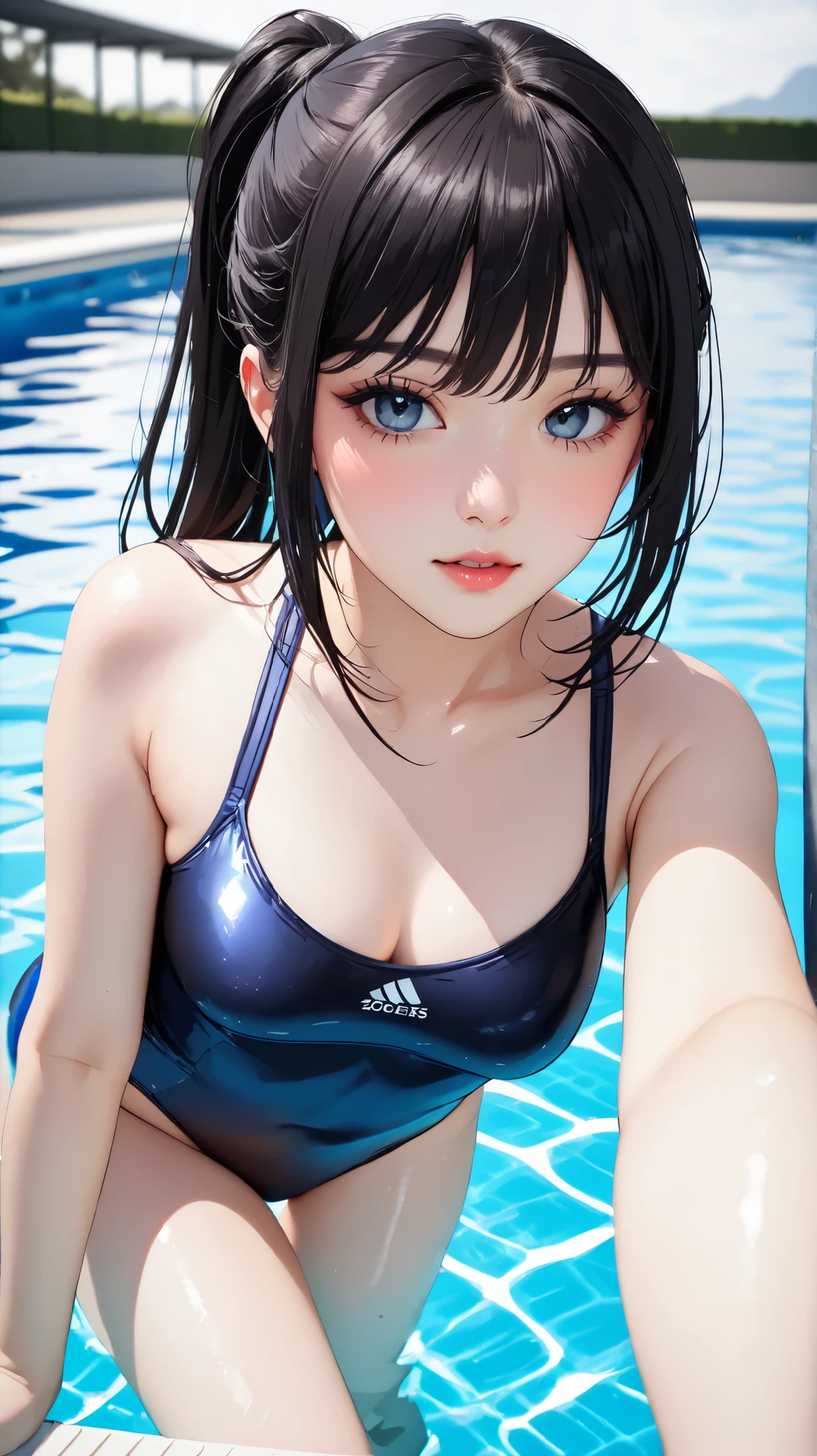 (((masterpiece))), (((High resolution))), (((8K quality))), (((perfect face))), (((Korean beauty wearing black one-peice school swimsuit))), 30-years old, (((high resolution face))), (((top quality eyes))), (((detailed face))), (((detailed texture))), look at the camera