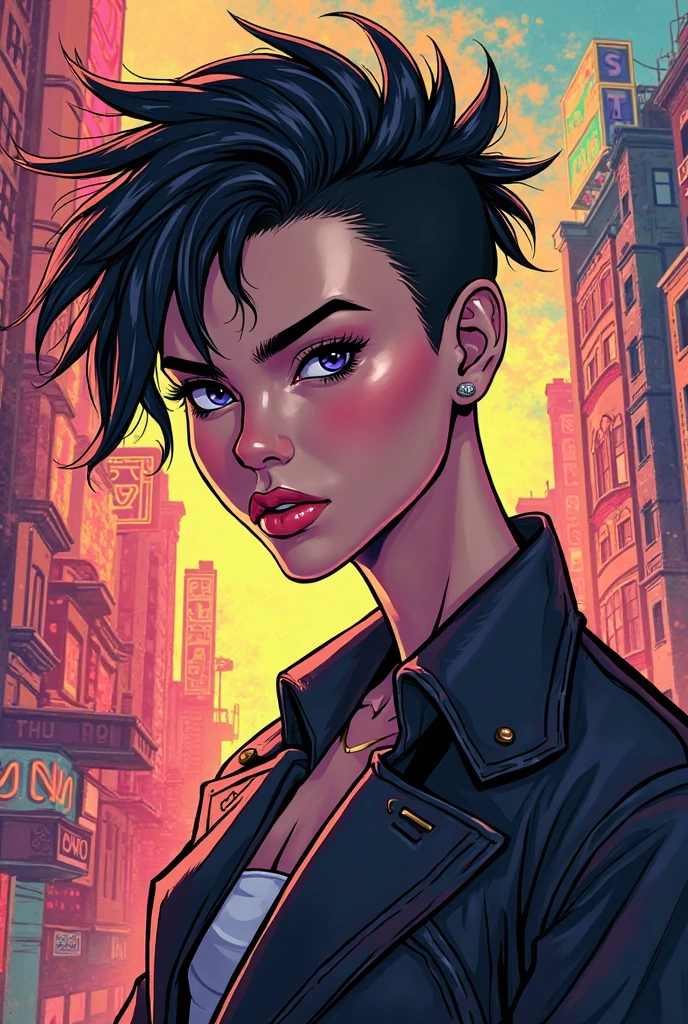 highres, 8k, (style of Richard Corben:1.5), cyberpunk industrial city, solo girl standing in foreground and smoking, smoke