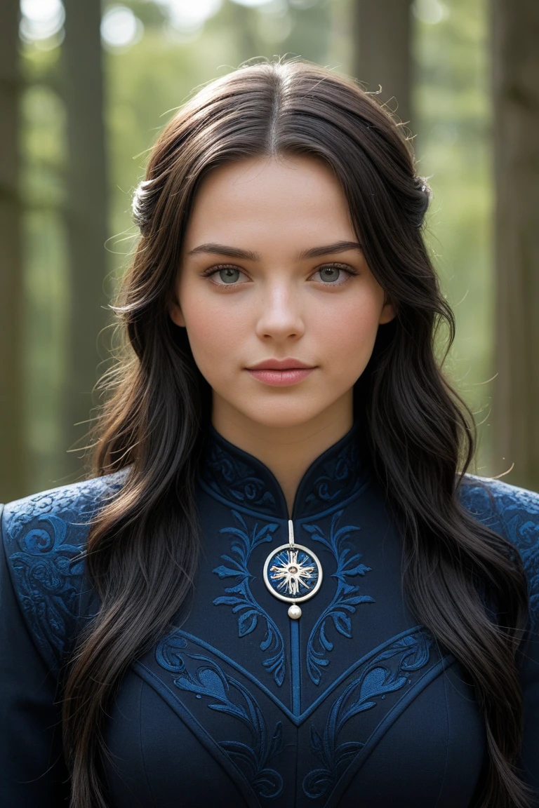 (Alexis Bledel), black hair, blue eyes, medieval fantasy、Northern Europe、Beautiful breasts、Light braiding、Clothes that show a little cleavage、A strong-looking face、noble、One person、Tying up hair、Big Breasts、whole body、