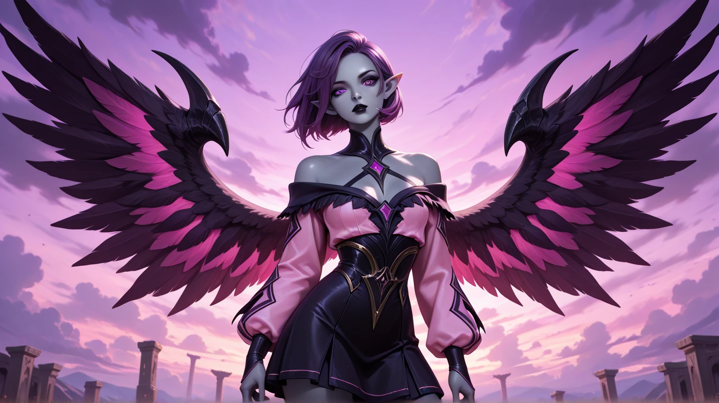 A picture of an extremely handsome man, with purple eyes, full lips, head on,masculine, big, marked jaw, with pointed ears and wings, black dress, on a balcony purple night star showers and a background similar to the mountains of Switzerland purple, glowing home light, with sparkles on the face