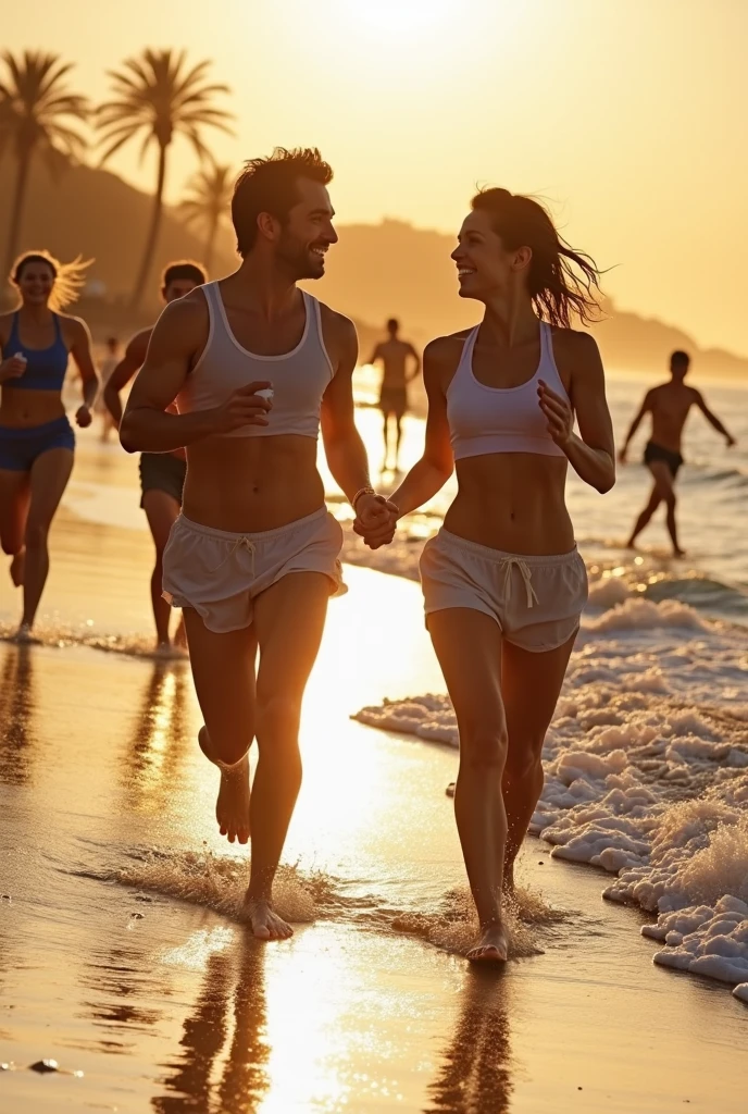 (thirty years) pareja de deportistas fits, atractivos , hombre y mujer, corriendo en la playa
