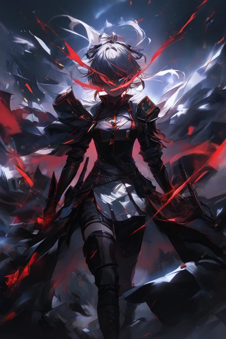 Planes fall all over the sky，The end has come，A stray dog，A woman with a sword on her back，Hold the hilt of the sword in your backhand，Back Shadow，in a panoramic view，Starcloud，setting sun，Blue-purple