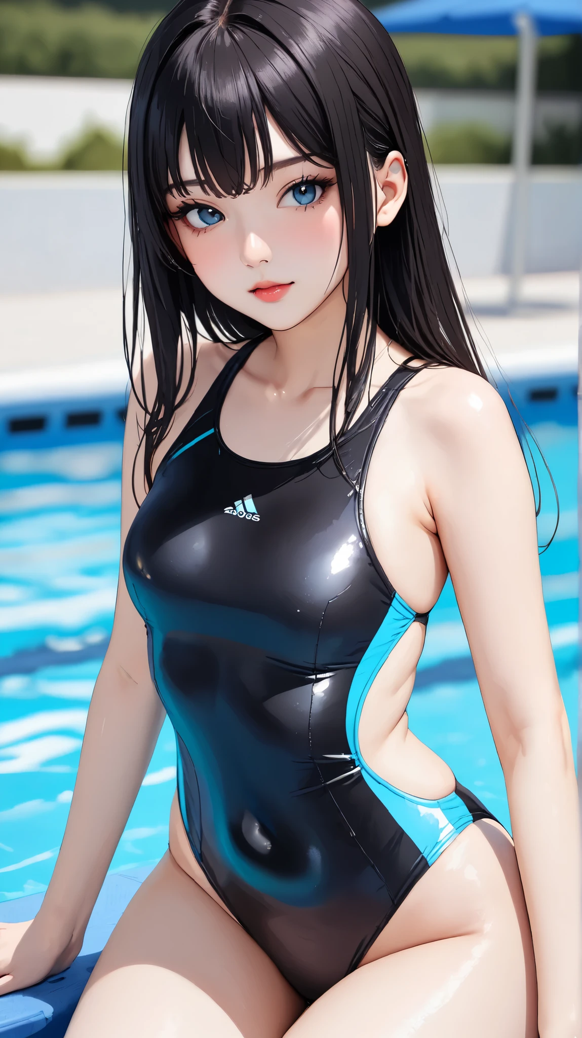 (best quality), (hyper realistic), mh-yk, 1 girl, alone, black hair, brown eyes, long hair, wearing standard swimsuit used in universities for training, blue color, big,, twintails, plein-air, hair rings, looking at the spectator, university sports pool scene, standing excitedly facing the pool with a sensual look, looking at the spectator calling to enter the water
