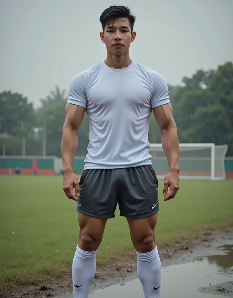 Behold a fashion editorial photo shoot featuring a photogenic and charming mixed Japanese 1 male supermodel, natural pale skin tone with a fit and slander body stands confidently under a rain, The camera angle is a dramatic low-angle shot, looking up at the model from below, creating a sense of power and dominance in the composition. The model wears white sheer pants with thick bulge, white wet t shirt, which emphasizes his athletic physique, particularly his toned legs and strong posture. His stance is wide and firm, with one arm slightly extended forward, creating a dynamic perspective that draws the viewer's eye upward along his body to his face. The environment is during a sudden downpour, with dark, heavy clouds looming overhead. The once bright sky is now filled with layers of gray, adding a dramatic contrast to the model’s olive skin. The lighting is diffused, with soft, even shadows, and the wet sheen on the model's body enhances the definition of his body. The rain is visible as small droplets, some clinging to the model’s skin and others caught mid-fall, adding texture and a sense of movement to the image.
The environment is an raining and scattered clouds, contributing to the image's vibrant and energetic atmosphere. The sunlight is intense, casting strong, natural light on the model's body, which accentuates his body definition and adds depth to the image. adds a sense of realism and enhances the rainy feel of the scene.
The photograph is taken with a Canon EOS R5 camera paired with a Canon RF 16mm F2.8 STM lens. The wide-angle lens is perfect for capturing the model's full body while emphasizing the expansive sky above. The inspiration for this shot draws from the work of Bruce Weber, known for his bold, dynamic compositions and ability to capture the strength and beauty of the human form, soak clothes, wet hair and body:1.37, 
