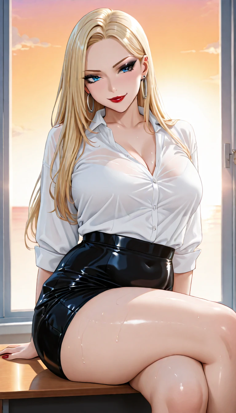 masterpiece,(best quality:1.5),(high resolution:1.5),8k,1woman,full body,(perfect face:1.3),(perfect body:1.3),(realistic:1.5),pale skin,(fighter:1.5),blonde long hair,cool face,(heterochromia green and red eyes:1.5),(large breasts:1.2),(large ass:1.2),small nipples,stand,{Black business suit:1.40}, {tie:1.20},  {White shirt:1.1}, {Black short skirt:1.3},(FGO:1.3),(white shirt see through:1.3),sweat,looking at viewer,