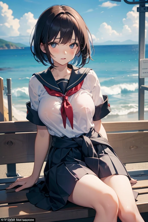 ((Skirt Lift)), (highest quality), (whitestar, UHD), Super detailed), (Ultra High Resolution 8K), High-definition facial beauty, A plain girl with glasses, (Big Breasts), (Looking up;1.3), Detailed sailor suit, Showing panties, pantyhose, (Blushing, Embarrassing), Very hot day, Shade, ((Sit down)), Panties that are damp, Makoto Shinkai Cyril Rolando