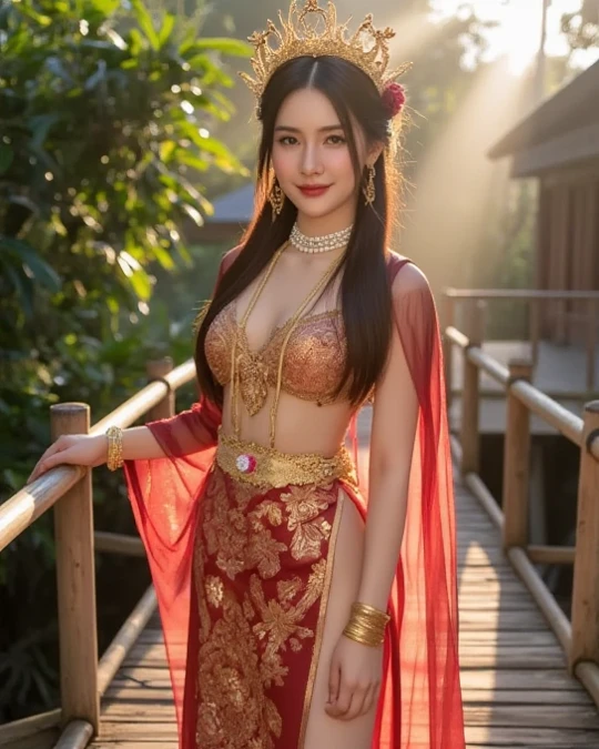 ((a girl (stand:1.2) (alone:1.4) in the village)),((full-body:1.4, cinematic-shot)),(best quality,4k,8k,highres,masterpiece:1.2),ultra-detailed,(realistic,photorealistic,photo-realistic:1.37),(beautiful and aesthetic:1.2),(film grain:1.3).

[(1girl),(solo),((1 person)),(17years-old),[Raiana-Elizabeth-Dilla],pearl skin,(skin pores:1.1),beautiful detailed eyes,beautiful detailed lips,extremely detailed eyes,longeyelashes,extremely detailed face and skin texture,(skin texture:1.1),black hair,tall and slender body,(192cm tall),thin and delicate figure,graceful posture,flawless skin,defined abs,perfect curves,feminine appearance,beautiful long legs,embodying elegance and beauty,(cleavage breasts,large breasts:1.4),((wearing a (red ultra-short kebaya-dress:1.4))),extremely detailed and realistic (red) clothes,(shiny skin),((sharp focus:1.5)),(earringeathers:1.5)].

[a traditional Indonesian village, vibrant colors, thatched-roof houses, tropical plants, palm trees, calm river, wooden bridge, intricate carvings, traditional batik fabrics, traditional music playing, warm sunlight, scent of incense, lively atmosphere, vivid colors, warm color tones, soft lighting].

Official art,extremely detailed,Angelic ethereal beauty,award-winning photography,professional photography,depth-of-field,bokeh.