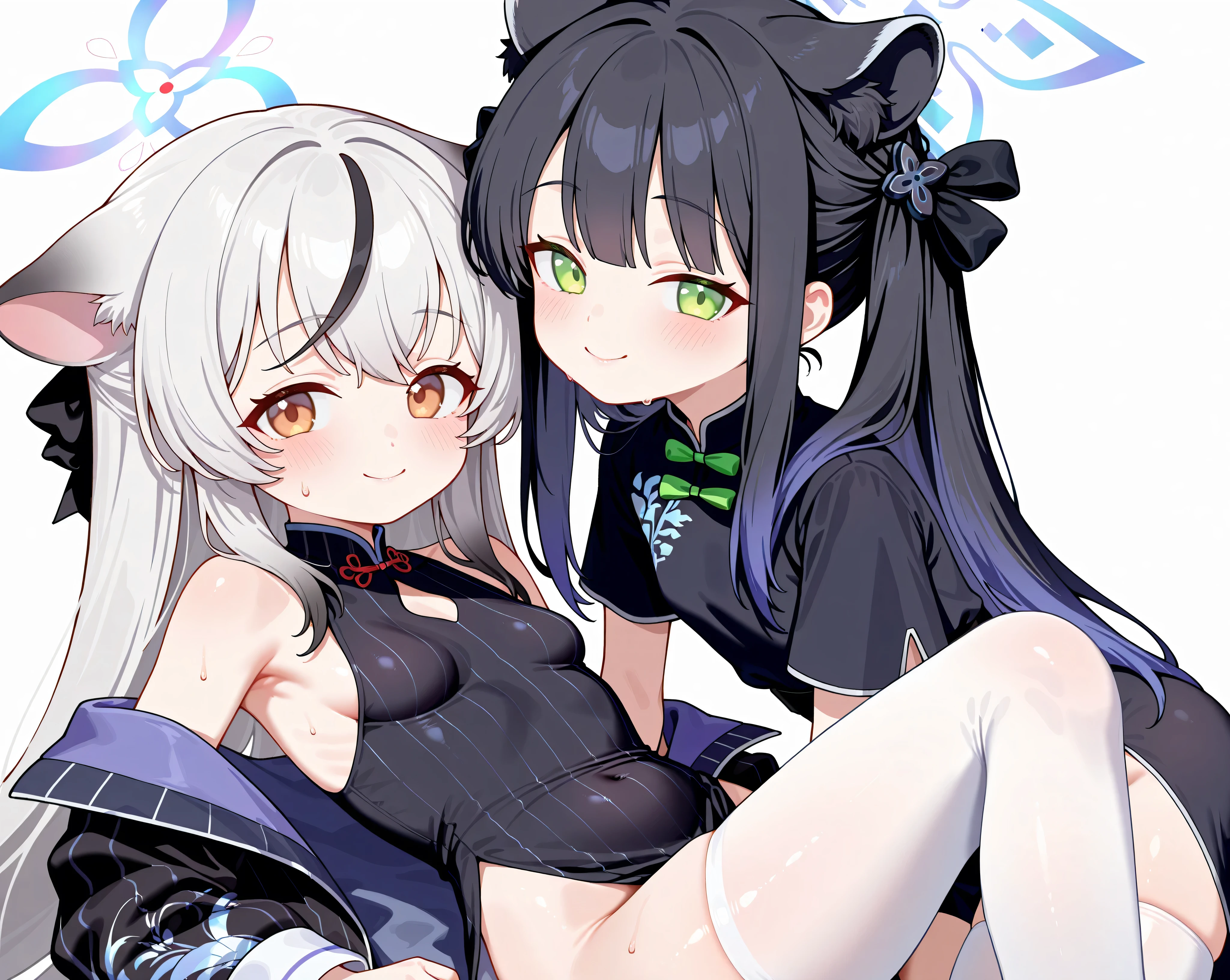 realistically, 2 girls, twin tails, 1 ponytail, brown eyes, glowing eyes, white short skirt, Blush, daytime, Wet from the rain, see through, sleeveless shirt, nipples, Knee hug, pussy, crotch, naked, armpit