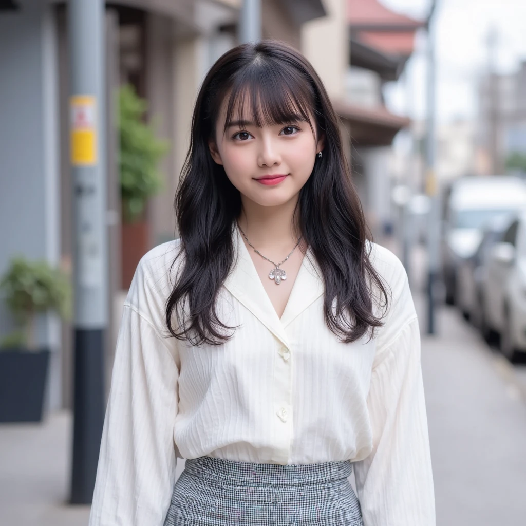 anda, 1 girl, beautiful girl, 14 years old, teen girl, young, black hair, white dress, ((wavy hair)), slim, sexy, half body, selfie, ((selfie: 1.2)), ((outdoor: 1.3, City Street: 1.2)), ((Best quality, 8k, Masterpiece: 1.3)), pretty woman, 1 girl, lustful, (firm abs, slender figure: 1.1), ultra-detailed face, detailed lips, Highly Detailed Face and Skin Texture, detailed eyes, double eyelid, sharp focus: 1.2, Beautiful Women with Perfect Figure: 1.4, Slim abs: 1.1, Ultra-fine face, Fine eyes, realistic, high resolution: 1.3, Super thin face and eyes,