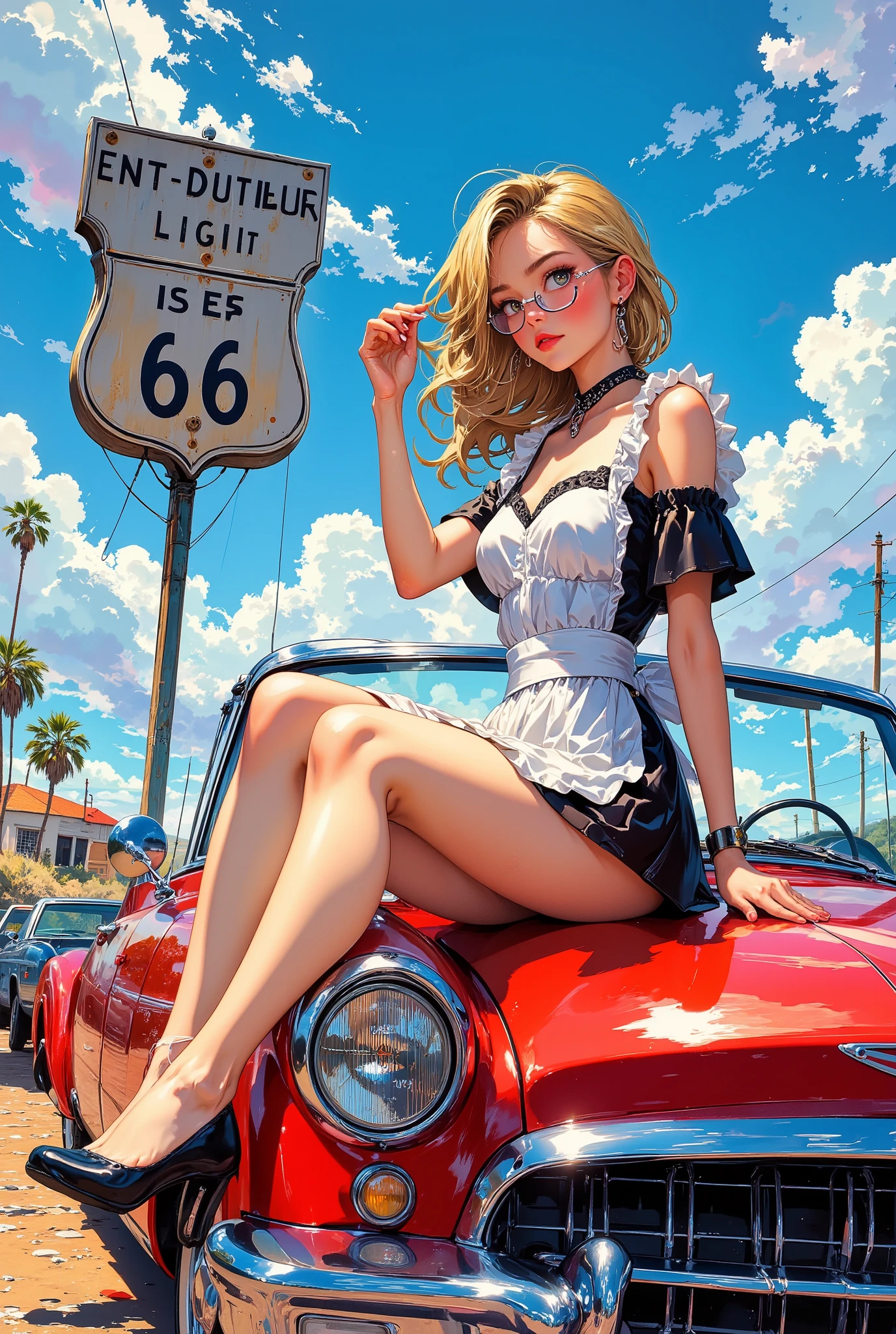 Girl with blonde hair below shoulder length. sitting on the asphalt, Behind her is a retro car. Девушка sitting on the asphalt, Leaning against an old retro car.
The girl is wearing large wide jeans, Big white sneakers with untied laces and a big white hoodie. summer. sunlight.
asphalt. road. 高速road路. night.