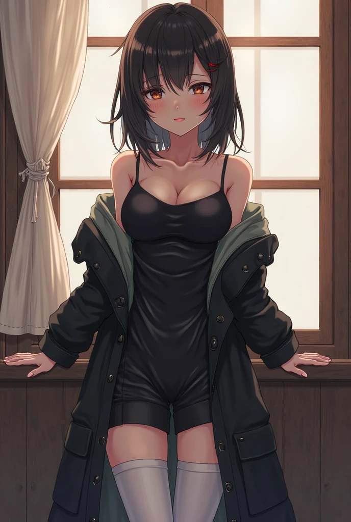 absurdres, RAW photo, extremely delicate and beautiful, masterpiece, Best Quality, ultra high resolution, 32k, hyperrealistic, ultra-detailed, delicate facial features, beautiful detailed woman, tearful mole, earring, medium , (full body shot), medium hair, black hair, hoodie, sportswear,