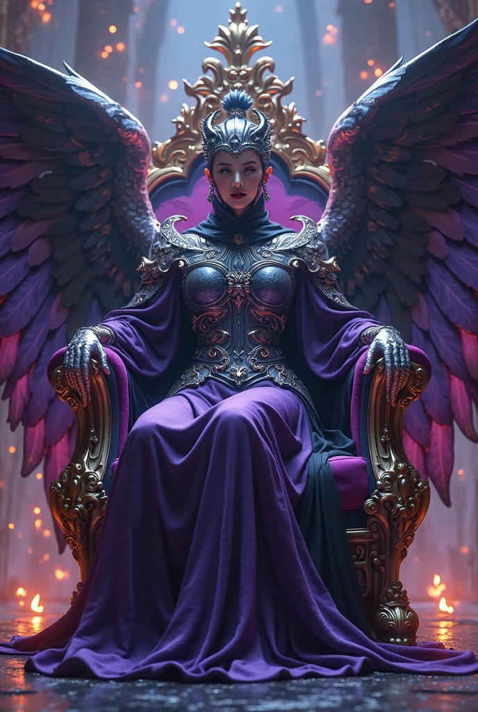 The princesse of hell full caftan outfit sitting on hier throne