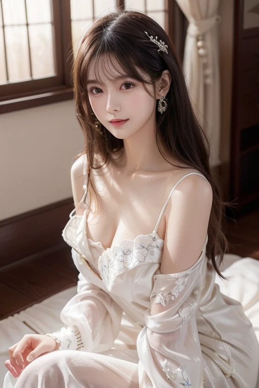 1girl, solo, long hair, breasts, looking at viewer, blush, smile, open mouth, bangs, large breasts, brown hair, hair ornament, gloves, dress, cleavage, bare shoulders, brown eyes, jewelry, collarbone, ponytail, sidelocks, thighs, detached sleeves, choker, indoors, white gloves, necklace, white dress, high heels, parted bangs, kneeling, on bed, scrunchie, high ponytail, red footwear, hair scrunchiei, beautiful face, (upon body to waist:1.35), tyndall effect, photorealistic, 8k uhd, dslr, high quality, volumetric lighting, candid, Photograph, high resolution, 4k, 8k, Bokeh, (hyper-realistic girl), (illustration), (high resolution), (extremely detailed), (best illustration), (beautiful detailed eyes), (best quality), (ultra-detailed), (masterpiece), (wallpaper), (photorealistic), (natural light), (rim lighting), (detailed face), (high detailed realistic skin face texture), (anatomically correct), (perfect hands), (correct fingers), (heterochromic eyes), (detailed eyes), (sparkling eyes), (dynamic pose), (loose hair:1.35), looking to viewer