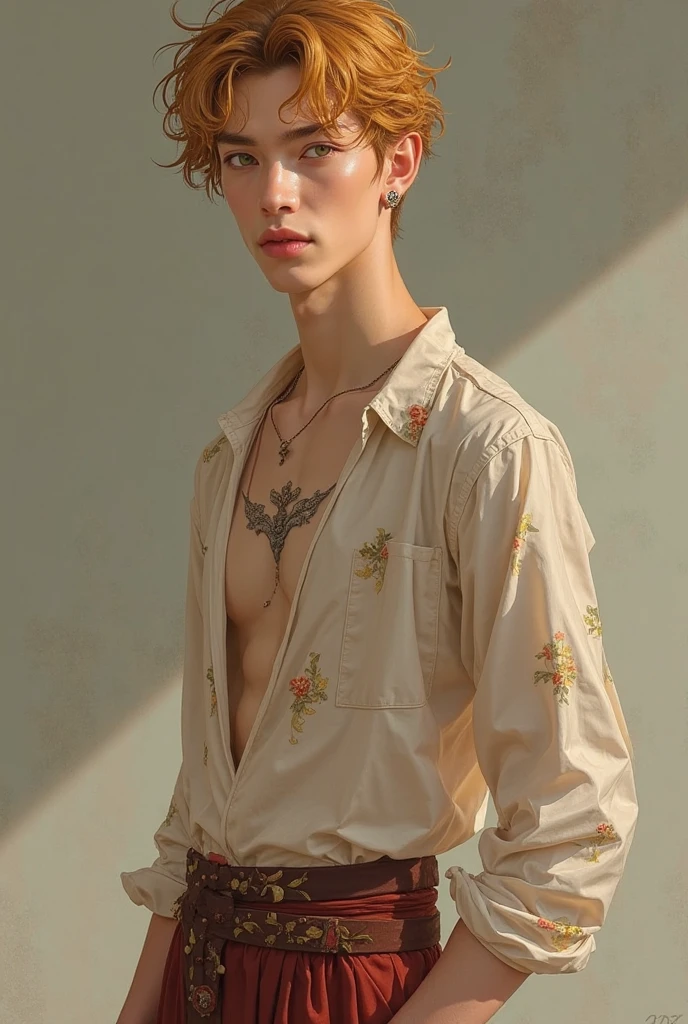 a young man, Tall, with a lean build. He has wavy, strawberry blond hair, Caribbean blue eyes, and scars across his pale, clear skin. His face is angular, with high cheekbones and a defined jawline. He is wearing loose pants but is shirtless. he is beautiful and has feminine features. delicate
