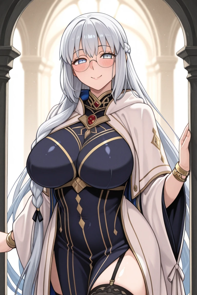 (masterpiece, best quality, detailed), 1girl, solo, looking at viewer, meikodef, glasses, short hair, grey hair, hair bun, single hair bun, brown eyes, huge breasts,
king, cape, fur-trimmed cape, armor, gold, crown, gem, jewelry, white gloves, indoors, throne room, throne, pillar, banner, gold, stone wall, crossed arms, breast hold, arms under breasts, parted lips
