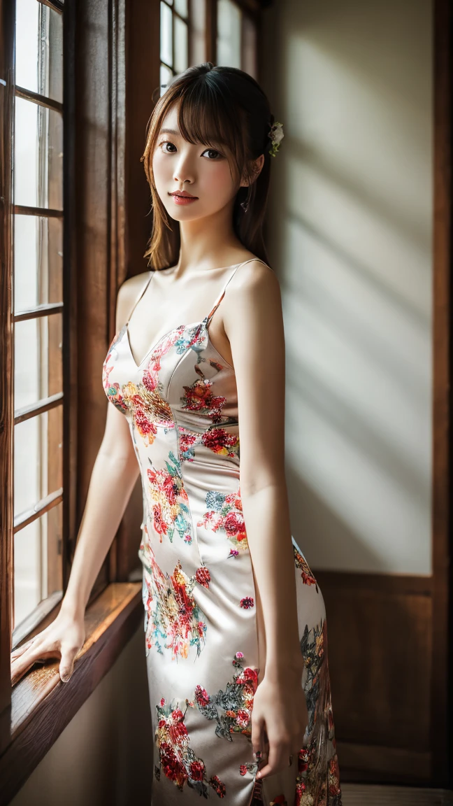 Long floral dress，front，hands behind back，Smile，35 year old female