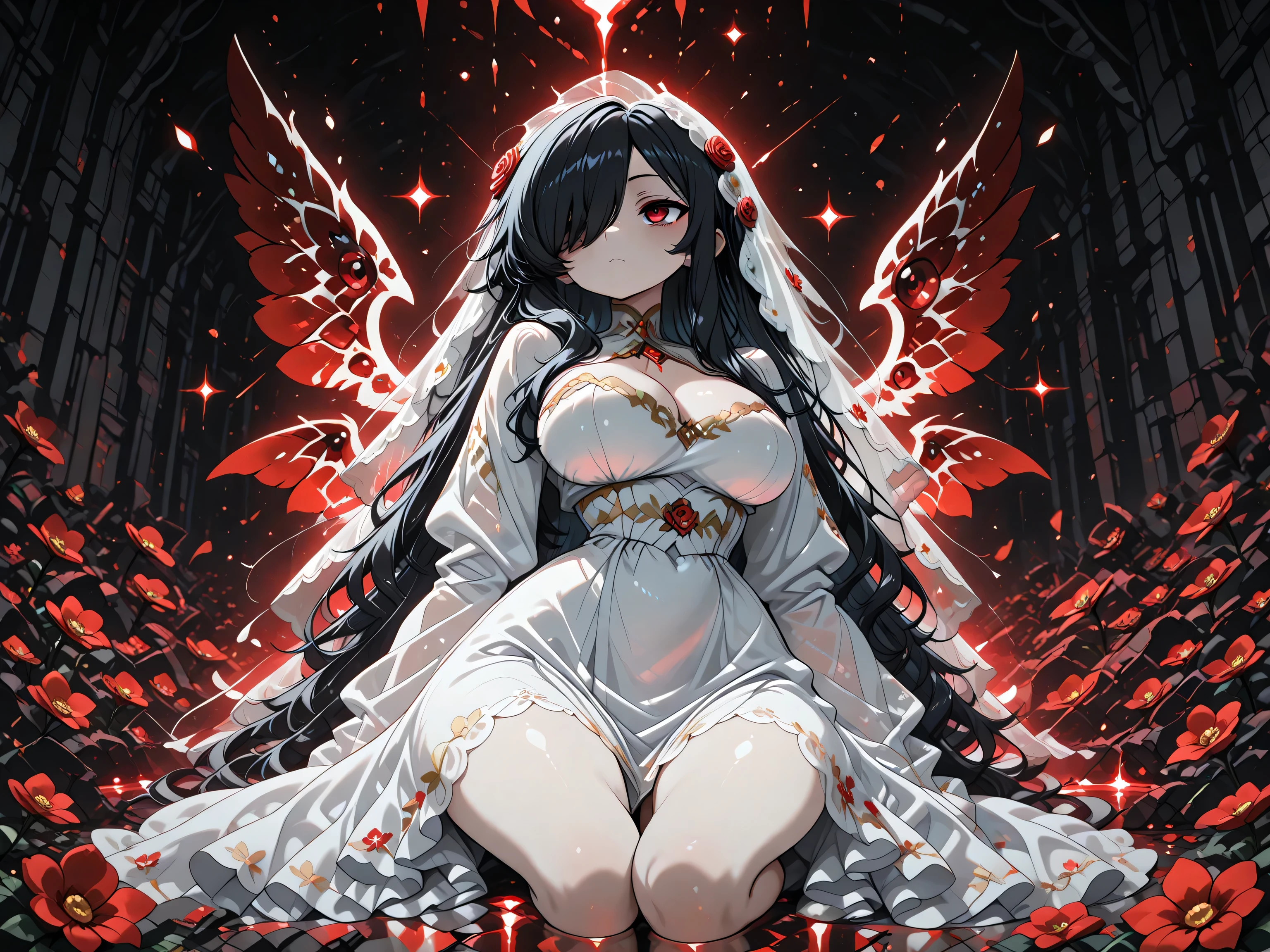 1girl, Kuroki Monika, black hair, very long hair, hair over right eye, red eyes, large breasts, (petite but curvy, very cute),
break,
(Flower Bride),
(Wings),
light dress that delicately radiates a faint glow,
break,
diffuse reflection,maximalism, scattered glitch pixels,
break,
(masterpiece:1), illustration, best quality, best aethetic, beautiful art, ultra-detailed, 8k, HDR, sharp focus, intricate,