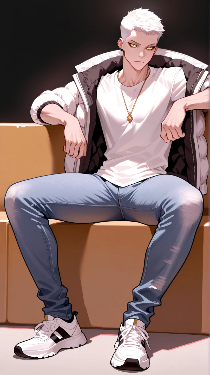Cute boy, he is wearing a hoodie and panties, he is barefoot