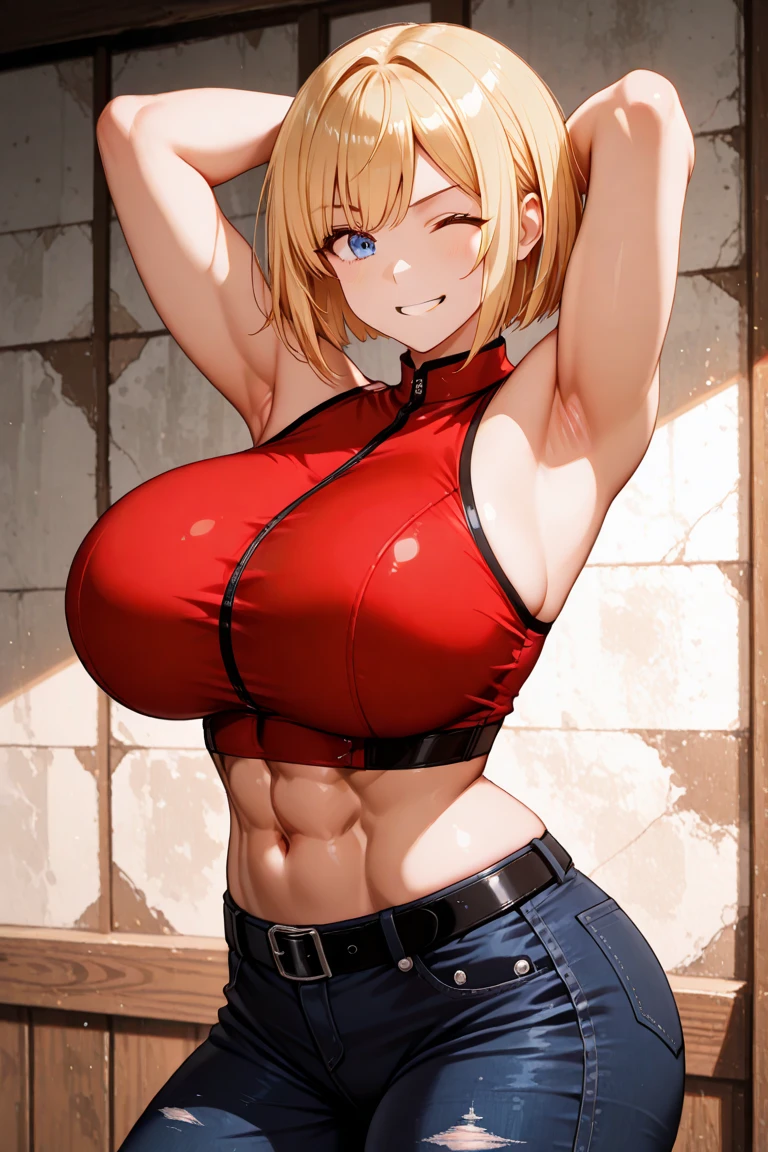 masutepiece++, Best Quality++, ultra-defined++, ultra-defined++,4K++,in 8K++, (Background Focus)++, Highly detailed, ((Slouched))++, ((1 milf)), ((((Hi-Res))))++++, (((Denim shorts)))+++, ((((underboob))))++++, ((Red jacket))+ +, ((a belt)) ++, ((项链)), (Slouched) +, (a blond), (Super shiny hair and skin), (Sunlight), ((Beautiful) ), (Huge breasts_Body: 1.5), (Huge breasts: 1.5), Muscular girl with clearly visible abs and muscles, Sweaty body, cleavage, Dynamism, (Cleansing and shaving abs, Muscle muscle thighs) +, A lively smile, Perfect eyes, Perfect hands, Perfect nose, Magic Battle Dark, Bright atmosphere, (wet effect) +, (light effect), (Cinematic light) + , (Like a movie of lights) +