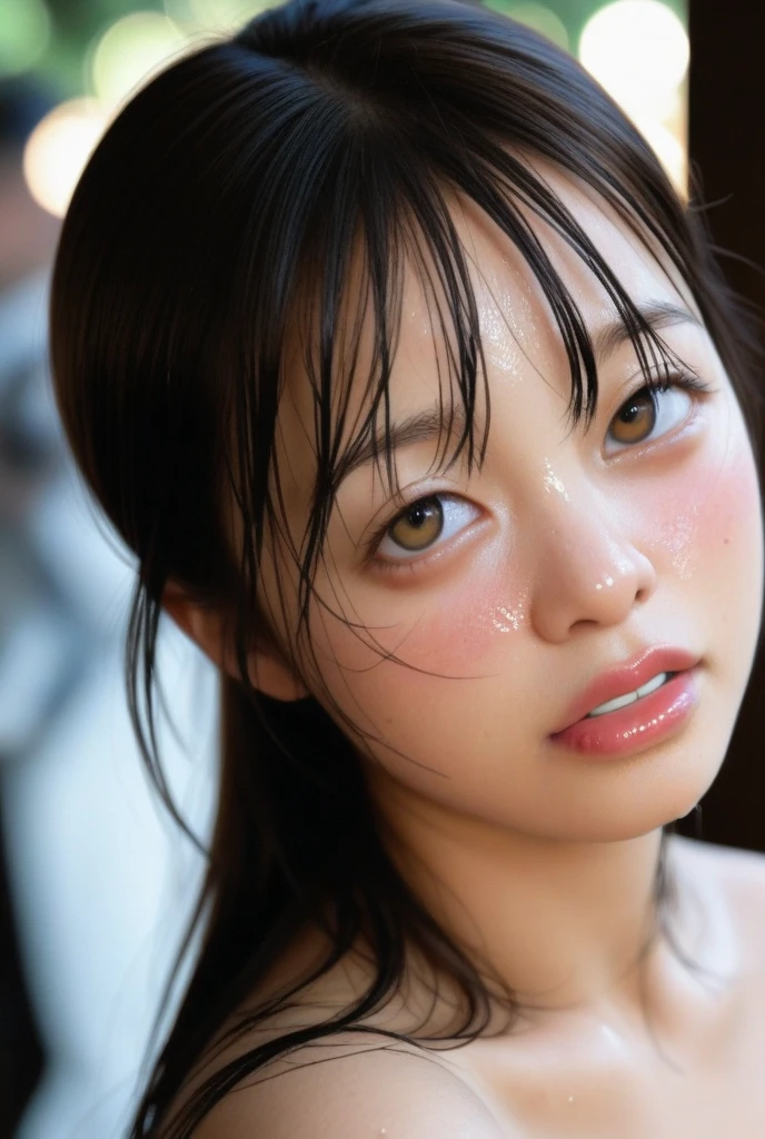 photographrealistic,(One young beautiful Japan girl, Black and shiny hair、short-haired、),(fullnude:1.4),(Distant gaze:1.2),Wavy hairstyle,Slim waist,soft makup, Instagram (Photorealistic, High resolution:1.2), Looking at Viewer 、all-fours、I'm giving a、cuminmouth 、(Open your mouth wide to show the back of your throat)、Wet with sweat all over the body、Perfect body、tiny chest、ssmile、Feeling ecstasy、Grab it and put it in your mouth、Precise human body structure、Super close-up of the face、Heads-up shot