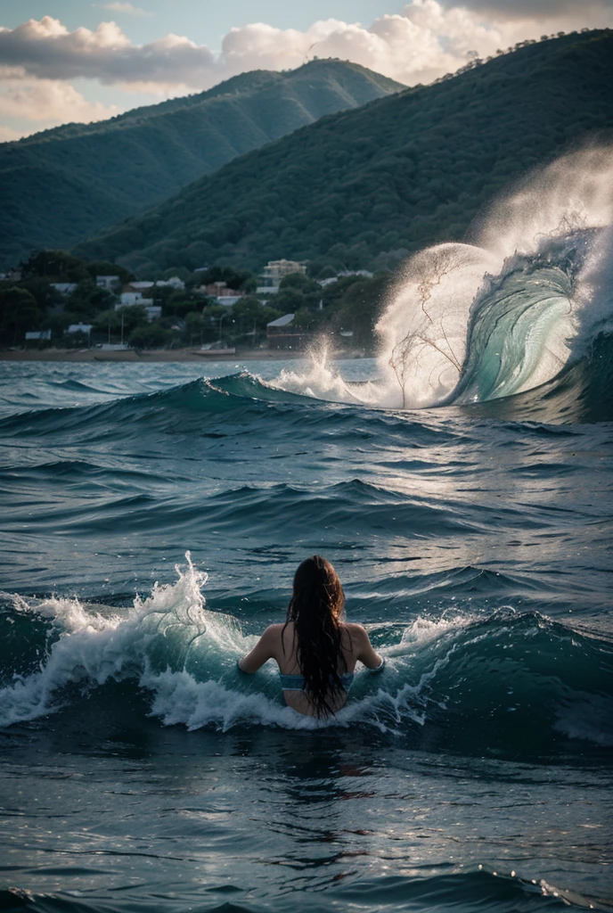 A mermaid emerges from the smartphone and hugs a man outside the phone.Sea waves crash into the smartphone and the waves rise towards the phone screen.