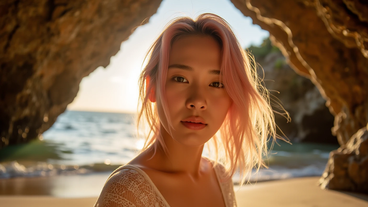 asian woman with long pink hair standing on the beach in a ??????, photo ???????????, posing on a beach with the ocean, in the beach, picture ???????????, gorgeous ?????? model, looking ???????????, view ???????????, on a beach,her face cannot be seen, backview, pinkhead girl, beach, posing on the beach, ???? girl