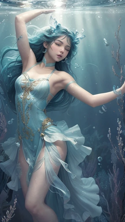 A breathtakingly serene image captures a woman submerged in crystal-c lear water, enchantingly surrounded by delicate, floating flowers. The girl's ethereal presence emanates tranquility, her graceful form buoyantly gliding amidst the water's embrace. The captivating scene, showcases vibrant hues and meticulous attention to detail, enhancing the captivating beauty of this mesmerizing sight. Impeccably crafted, this transports viewers to a world of peaceful serenity where nature and innocence harmoniously coexist.