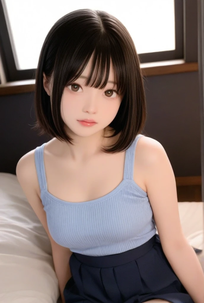 8K, Best Quality, 1girl, Masterpiece,8K, (Darkness:1.4), (Night, Full Body:1.5),Japan Beauty, 18 years old,Beautiful Woman,Expressionless,Look Forward,(Bangs:1.5),White Blouse, (Shorts:1.4), (Bob-Cut Hair:1.2) , (Closed Mouth:1.2, Blue Eyes, High Nose, Beautiful Sharp Face),(Wonderfully Beautiful Eyes:1.4) ,No makeup, Perspective, depth of field, ultra-realistic, high resolution, photography, sharp focus, HDR, face light, dynamic lighting, maximum detail, extreme detail, ultra detail, detail, real skin, delicate facial features