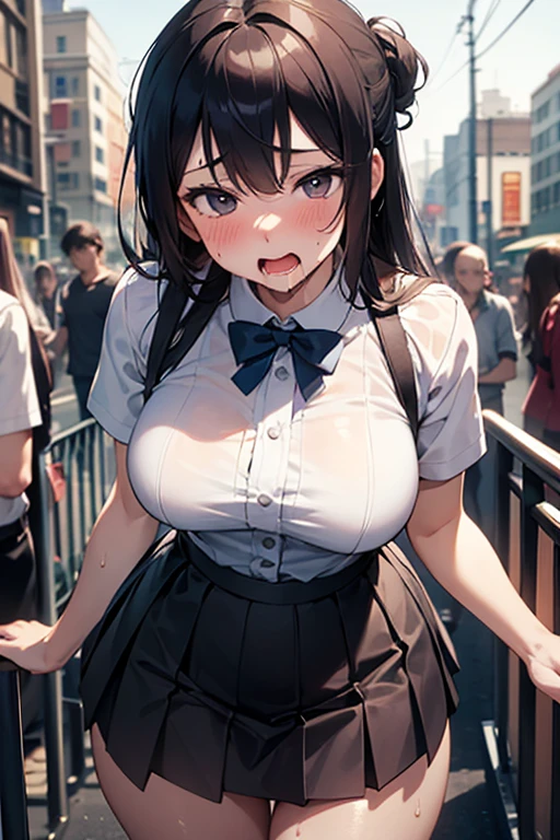 (throw_hand, pink vibrator remote switch in throw_hand, throw:1.2), Highest quality, Super detailed, masterpiece, Ultra-high resolution, 8K, Ridiculous, Cowboy Shooting, Blurred, One girl, Embarrassing, blush, Lovely, , With tears in her eyes and her mouth open, What saliva leaves behind, Wet skirt hem, Not wearing pants, Bulging of the vibrator cord, Vibrator with Garters, Subway car interior background, In a crowded group of women,Squirting、,Black Hair、Maid clothes