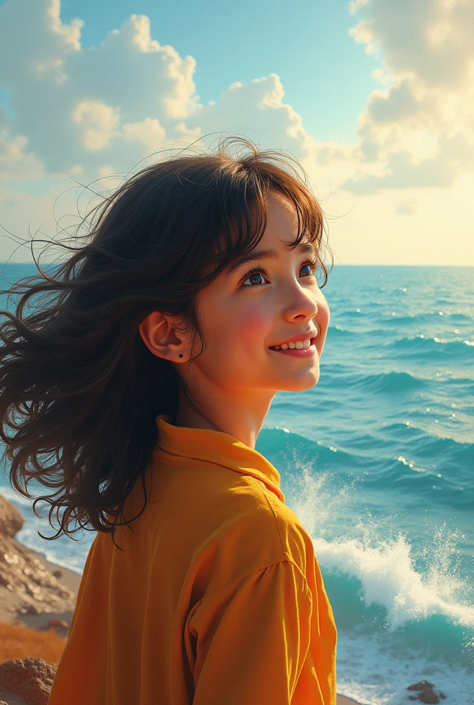 The sea, the huge steel suspension bridge in the background, the Gate Bridge,
girl, smile, angle, pose, casual,
squat,
lens flare, light particles, flat illustration, ai-generated,