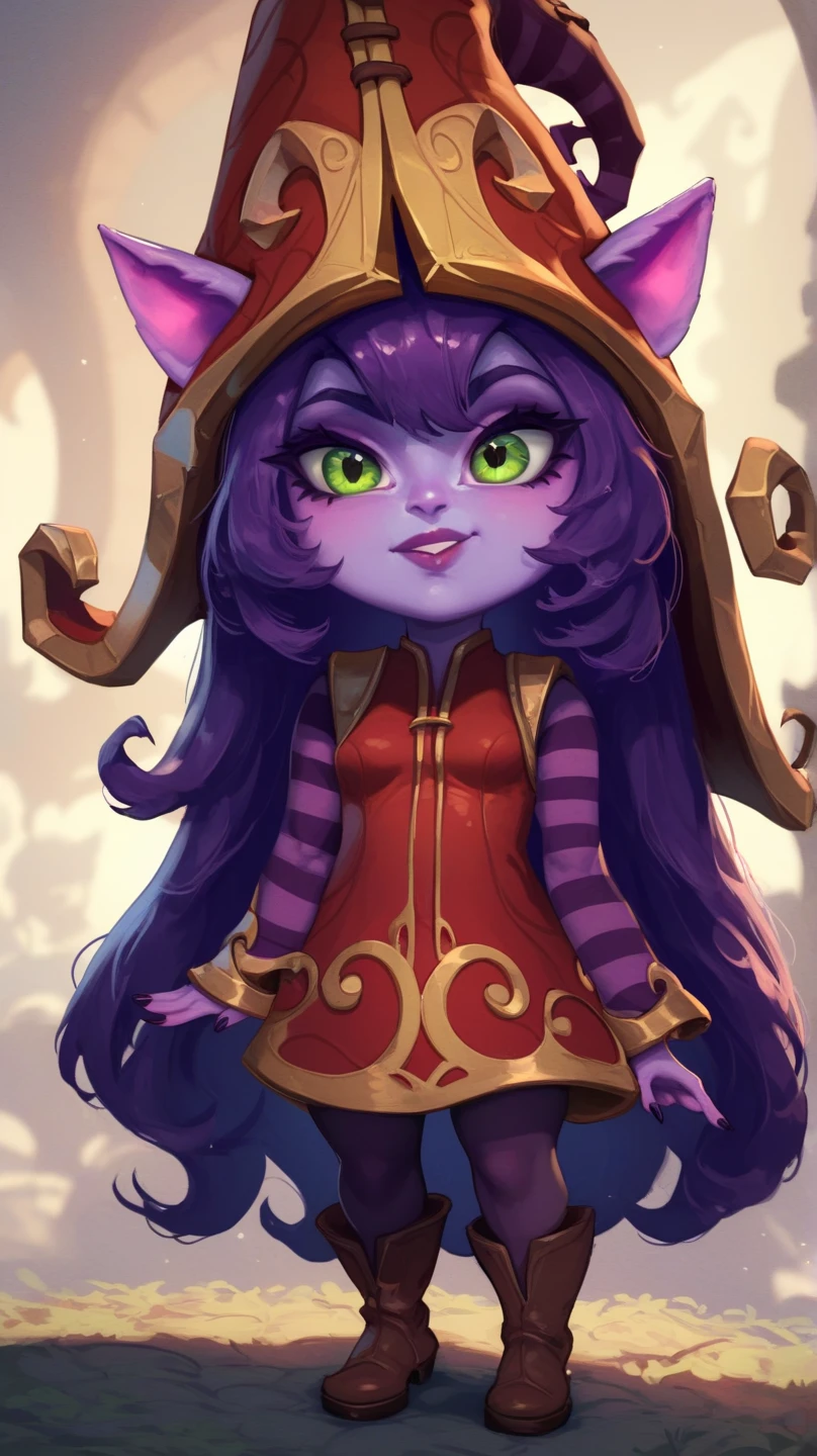 1girl, solo, masterpiece, best quality, detailed, narrow waist, wide hips, huge breasts, huge ass, score_9, score_8_up, score_7_up, LuluLoLXL, yordle, tall female, green eyes, purple hair, very long hair, sidelocks, bangs, animal ears, purple skin, colored skin, witch hat, ears through headwear, red dress, purple striped sleeves, purple pantyhose, boots,