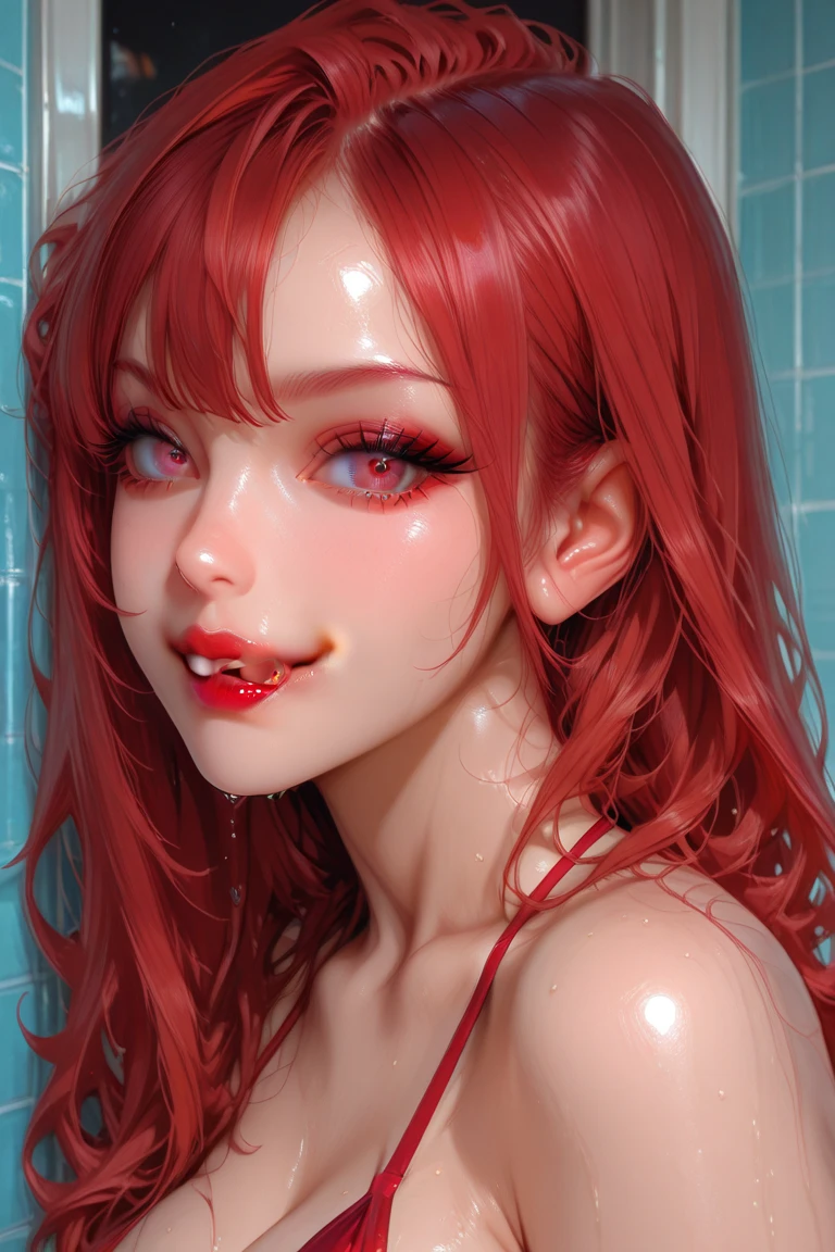 Against the background of tentacles. Red slime hair, greeneyes, slime dress, ssmile, slime girl . ((elegance. Gradient. fotorrealism. engine unreal. 3d modle. high quality textures. high détail. 8k permission))